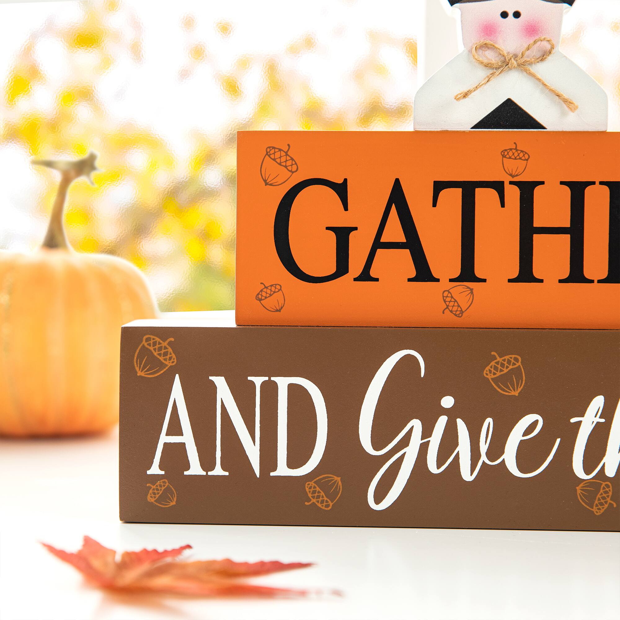 Glitzhome® 9.5" Thanksgiving Wooden Pilgrim Table Block Sign