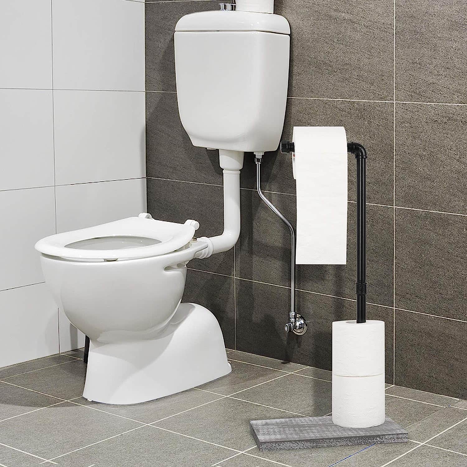 NEX™ Freestanding Iron Pipe Toilet Paper Holder with Solid Wood Base