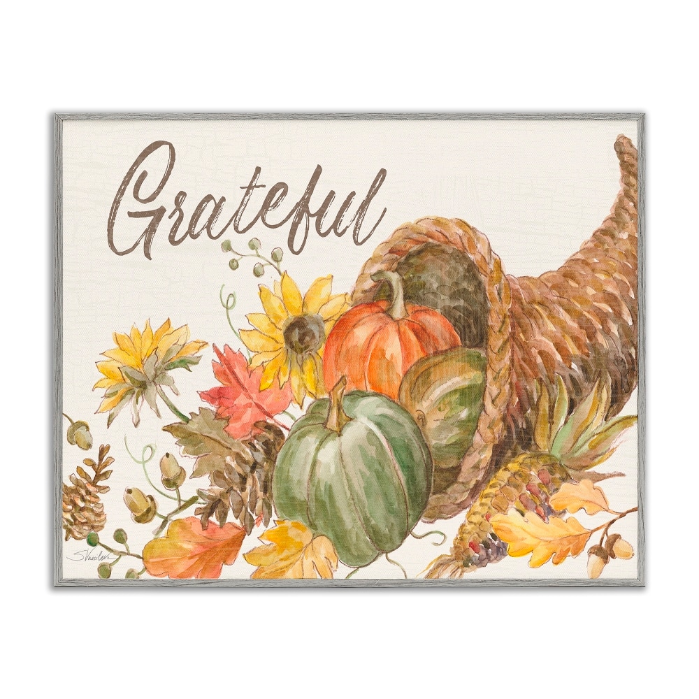 Stupell Industries Grateful Sentiment Autumn Harvest Cornucopia Pumpkins Framed Giclee Art