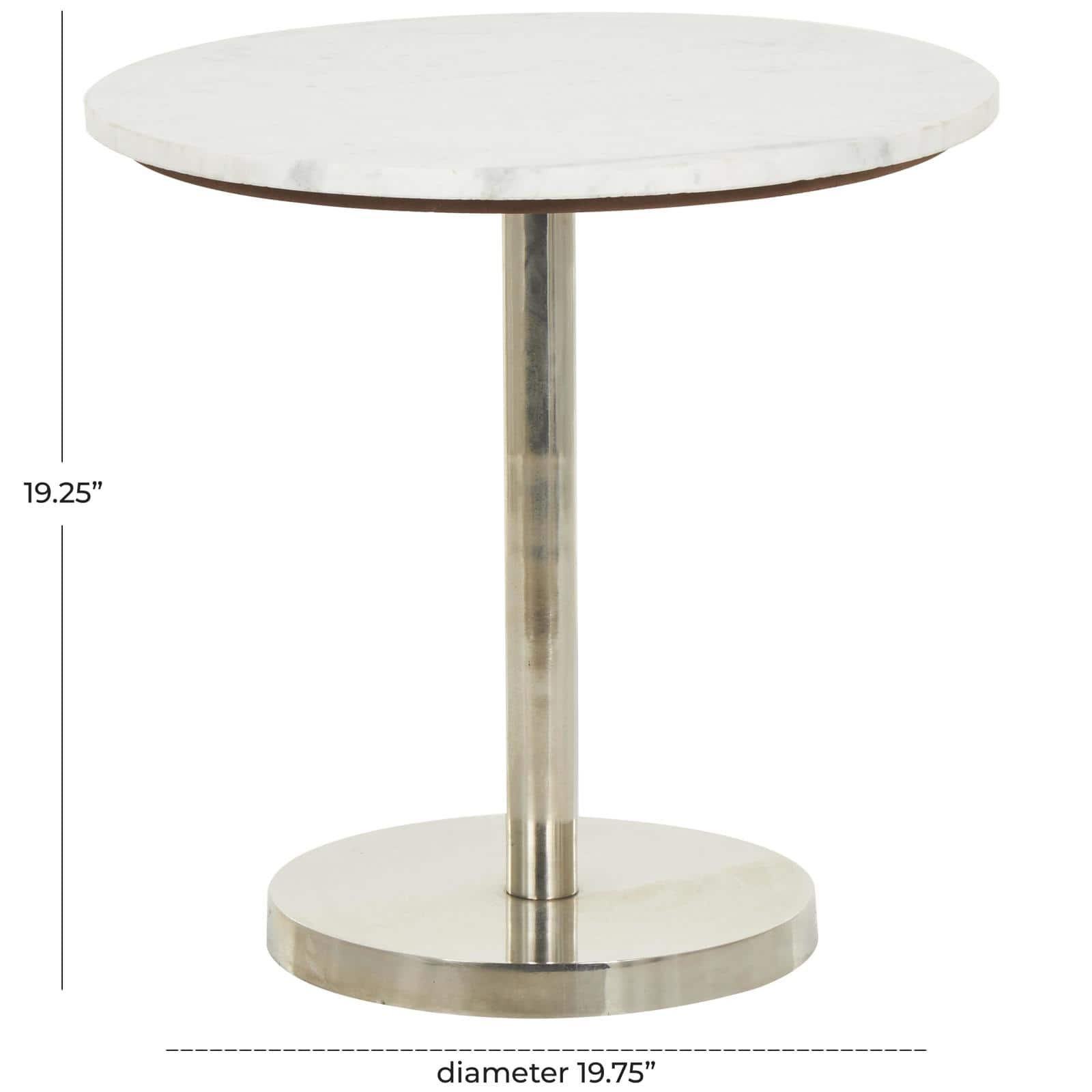 19" x 20" Silver Metal Geometric Pedestal Accent with White Marble Tabletop