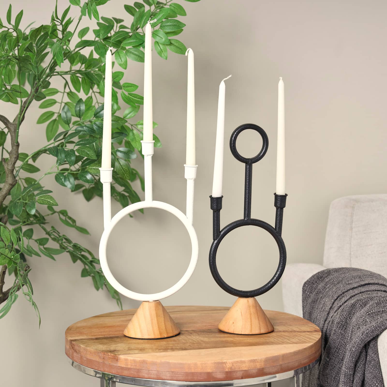 Black & White Metal Abstract Circular Ring Candle Holder with Wooden Cone Bases Set