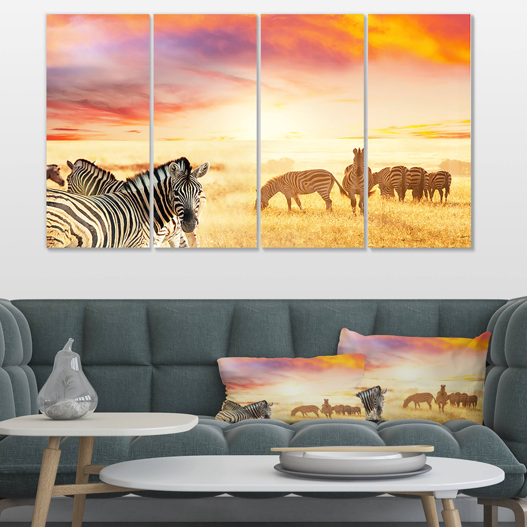Designart - Cute Zebras Grazing in Grassland
