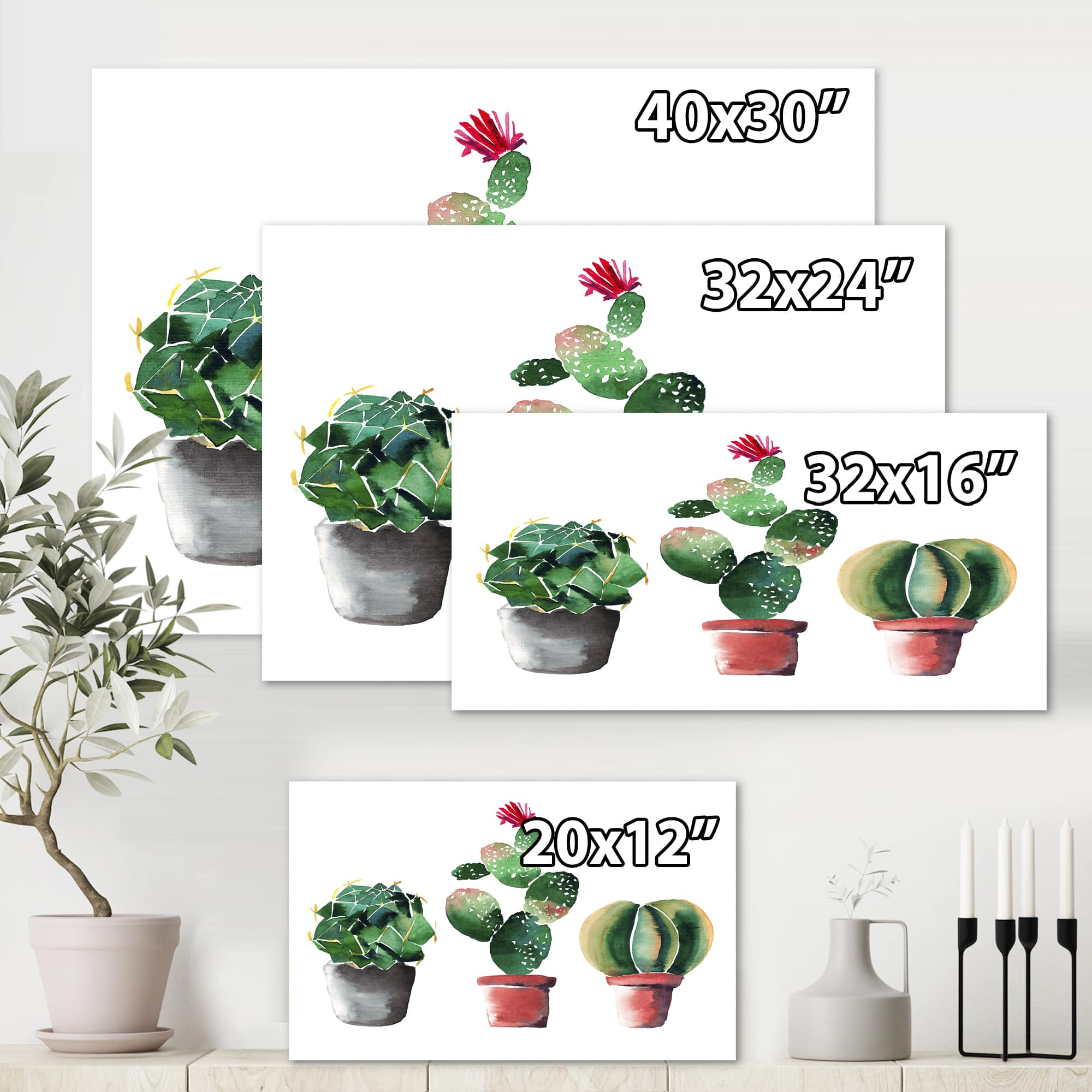 Designart - Three Cactus In Clay Pots - Traditional Canvas Wall Art Print