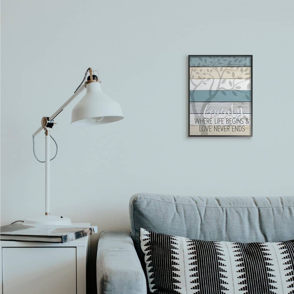 Stupell Industries Family Begin and End Quote Tree Wood Grain Blue Tan Phrase Framed Wall Art