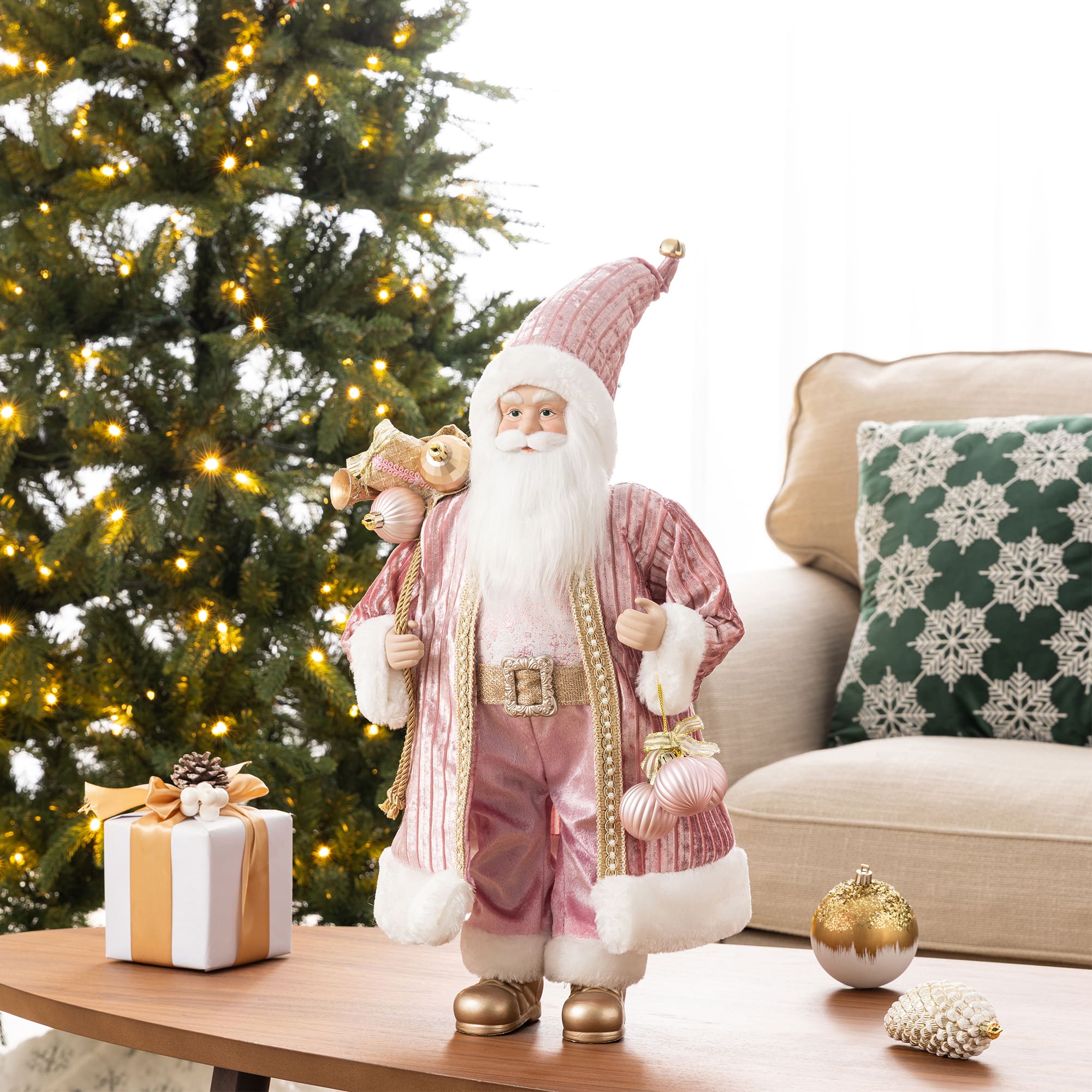 Glitzhome® 18" Faux Fur Deluxe Pink Christmas Santa Figurine with Porcelain Face