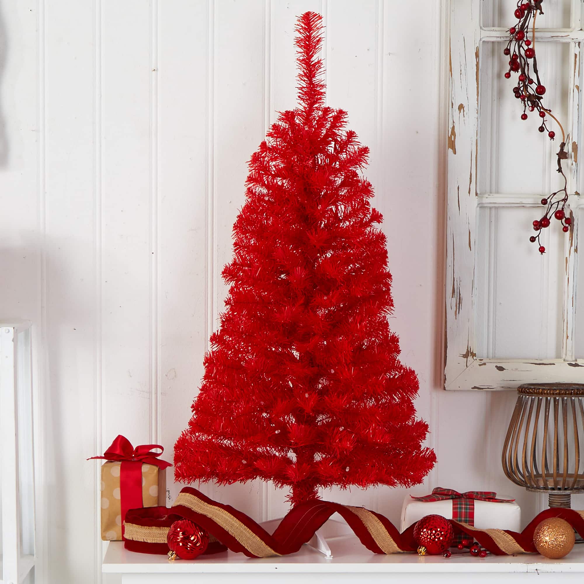 3ft. Pre-Lit Red Artificial Christmas Tree, Warm White LED Lights