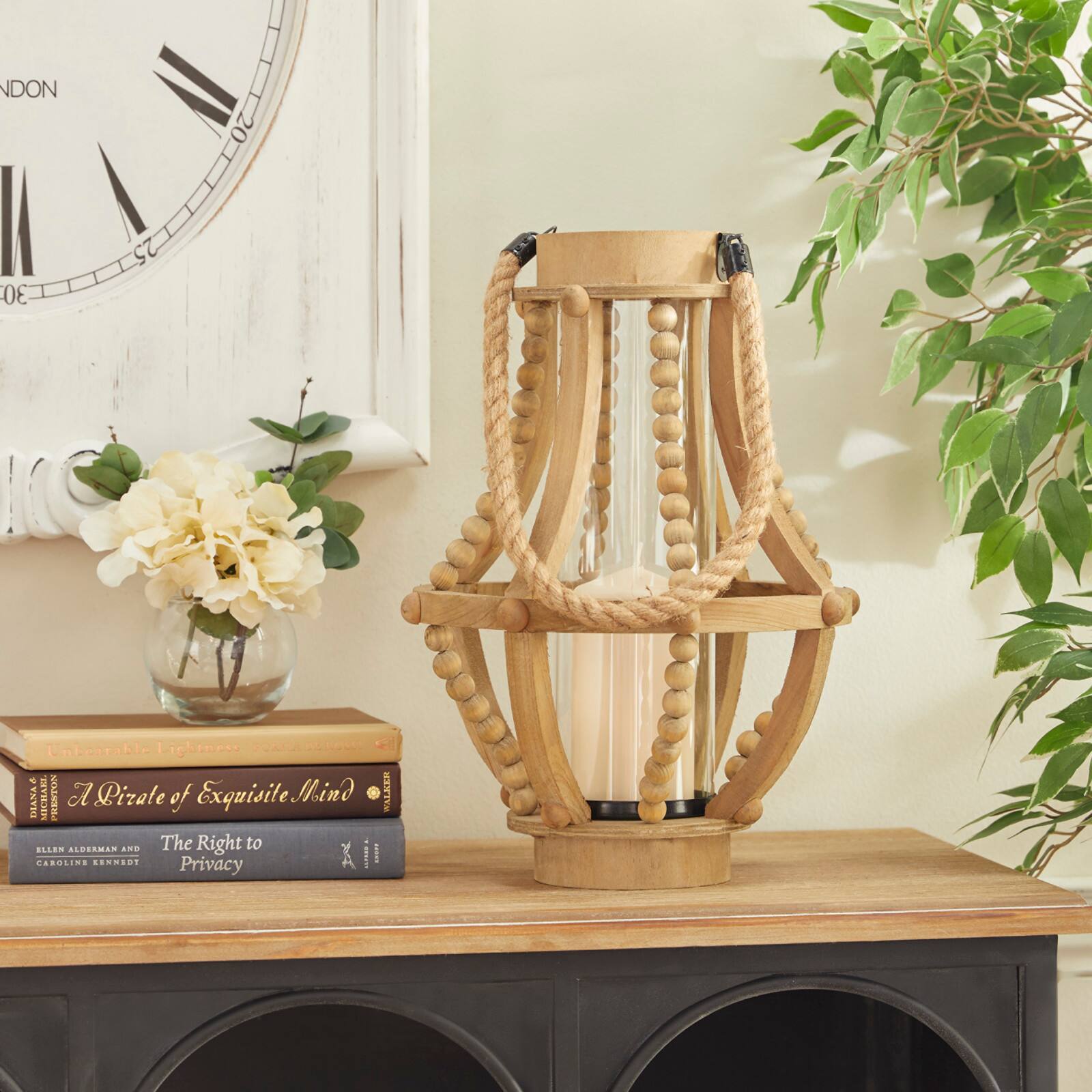 Beige Recycled Wood Farmhouse LED Lantern, 16" x 10" x 10"