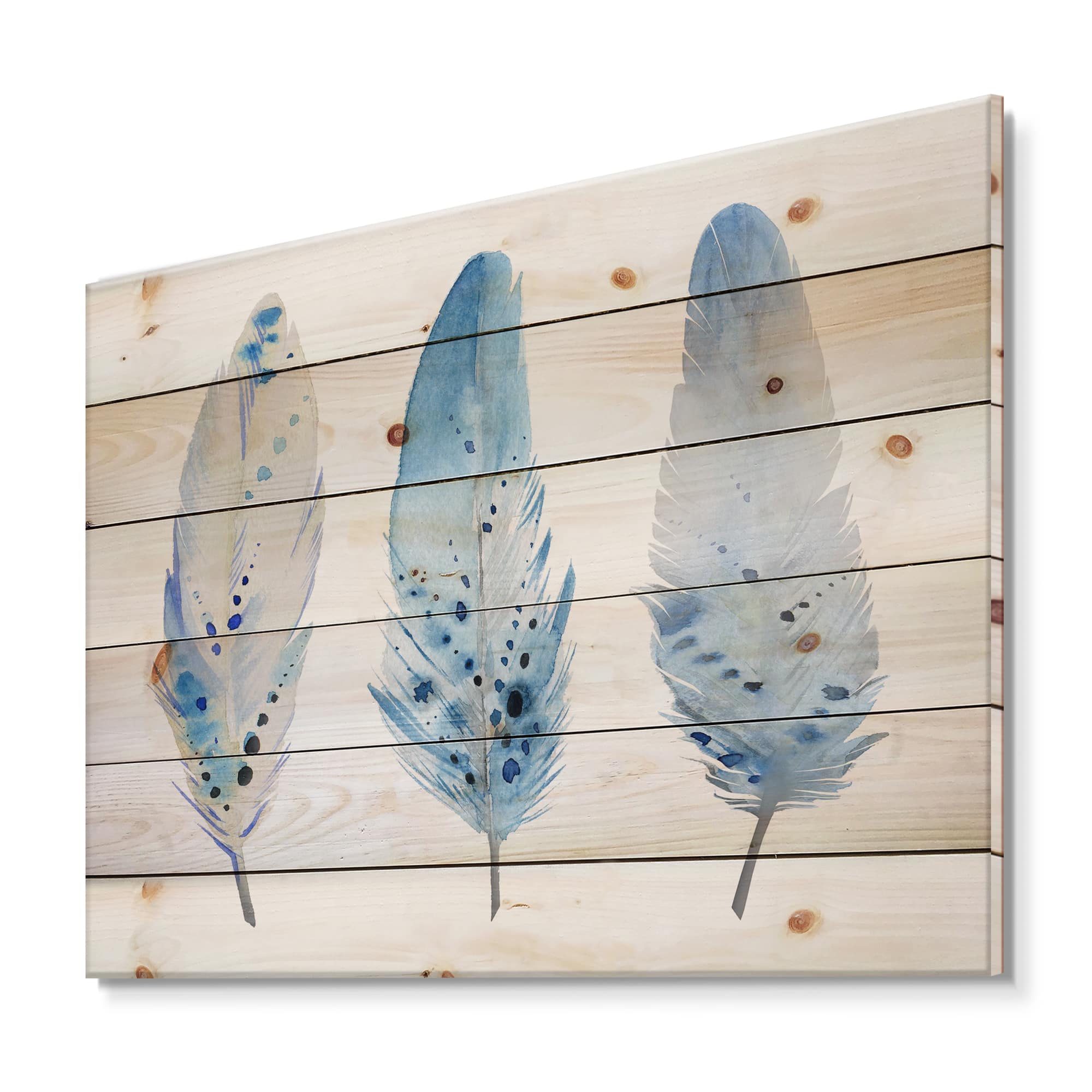 Designart - Blue Boho Feathers II - Lake House Print on Natural Pine Wood