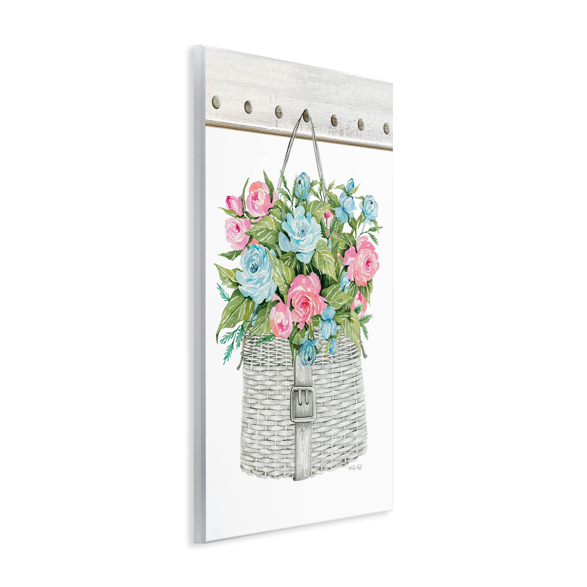 Stupell Industries Blue And Pink Blooming Roses Spring Plant Basket Wall Plaque Art