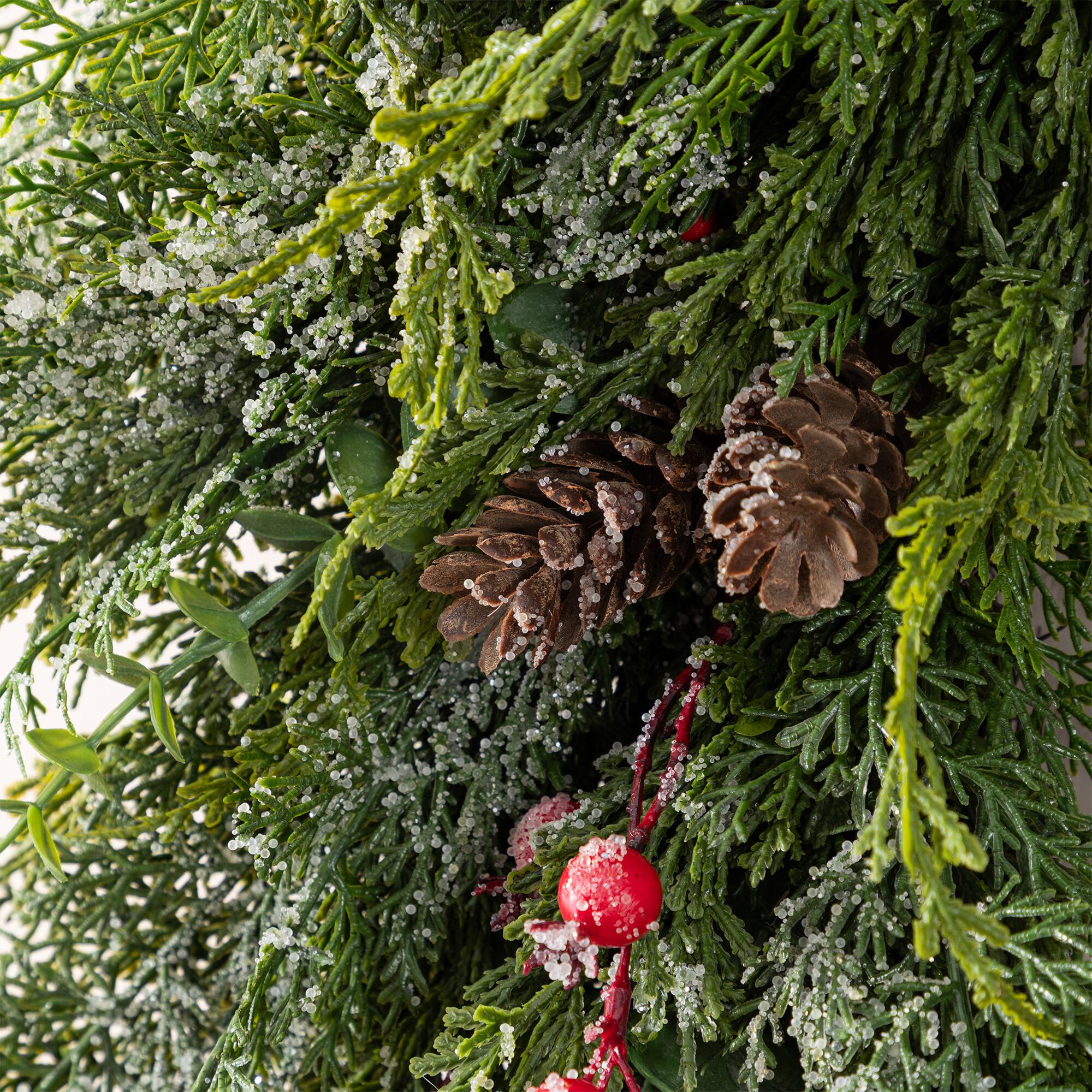 Glitzhome® 28" Christmas Greenery Frosted PE Wreath with Pinecones & Red Berries
