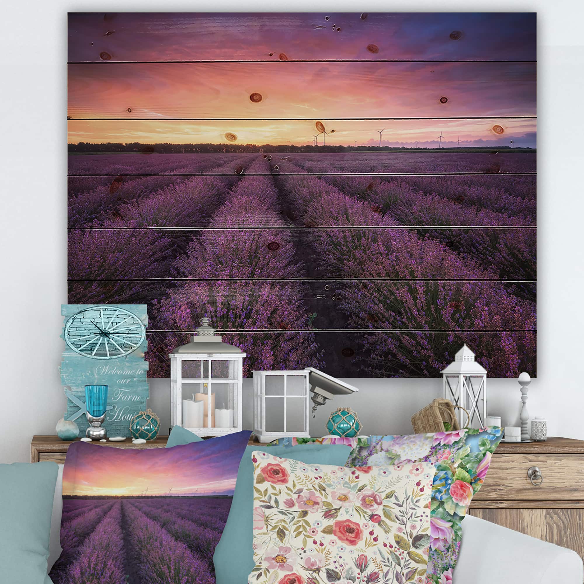 Designart - Sunrise & Dramatic Clouds Over Lavender Field XIII - Farmhouse Print on Natural Pine Wood