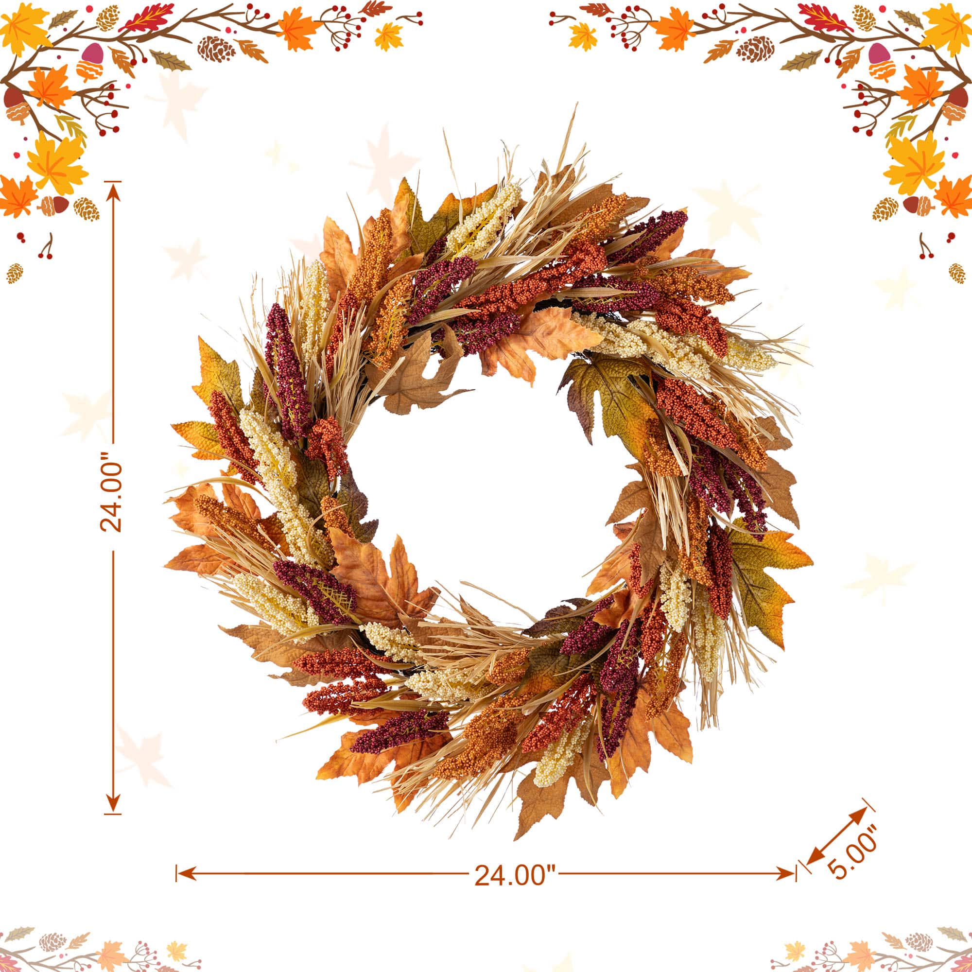 Glitzhome® 24" Fall Sorghum Wreath Includes a Black Metal Wreath Hanger