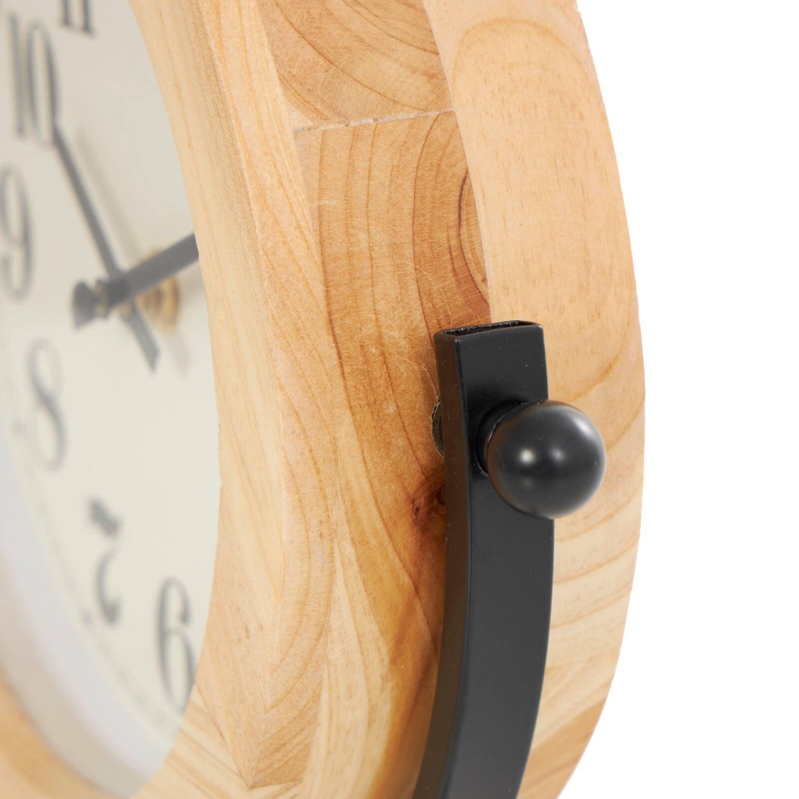 10" Light Brown Wood Clock with Curved Black Metal Stand & Ball Details