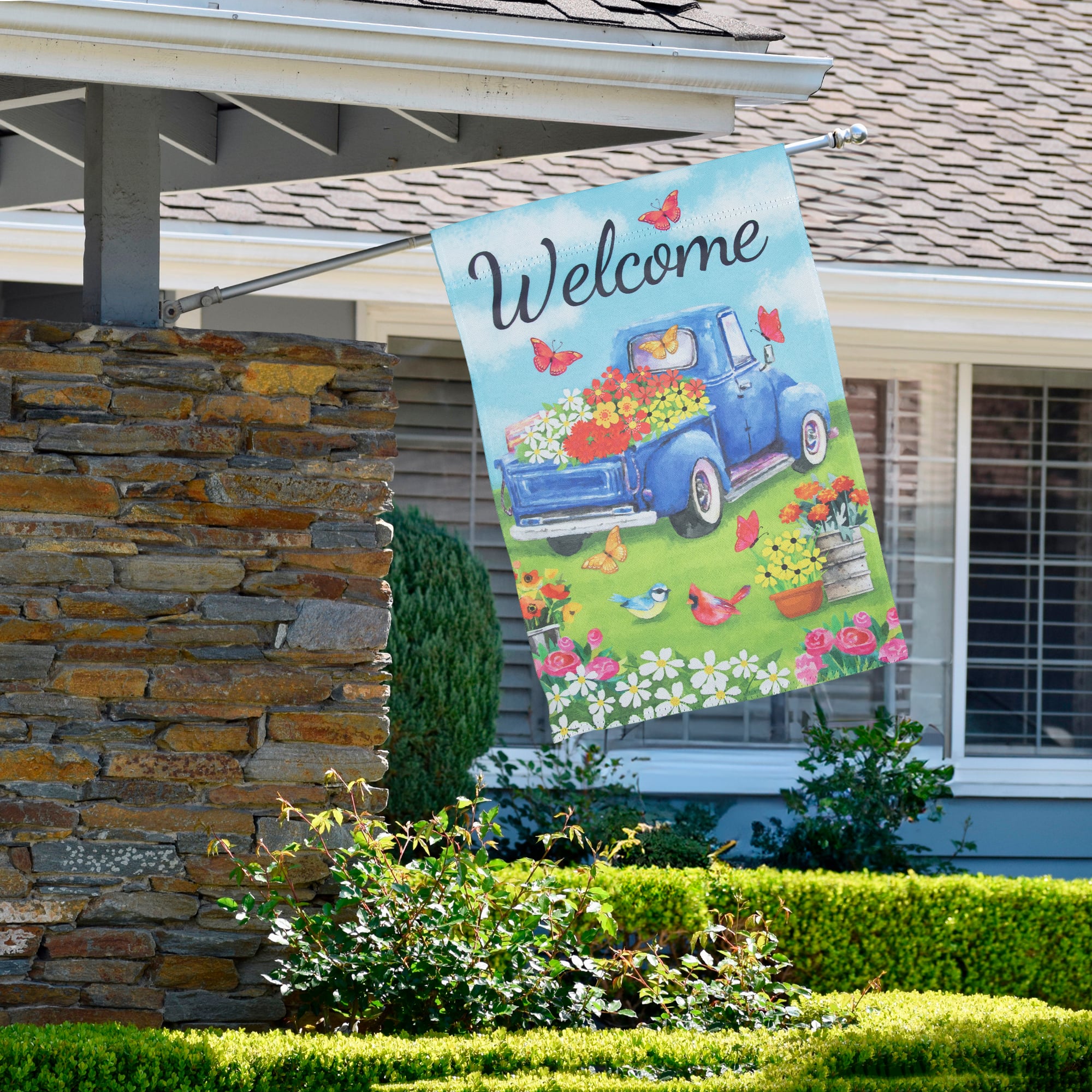 Welcome Pickup Truck with Flowers Outdoor House Flag 28" x 40"