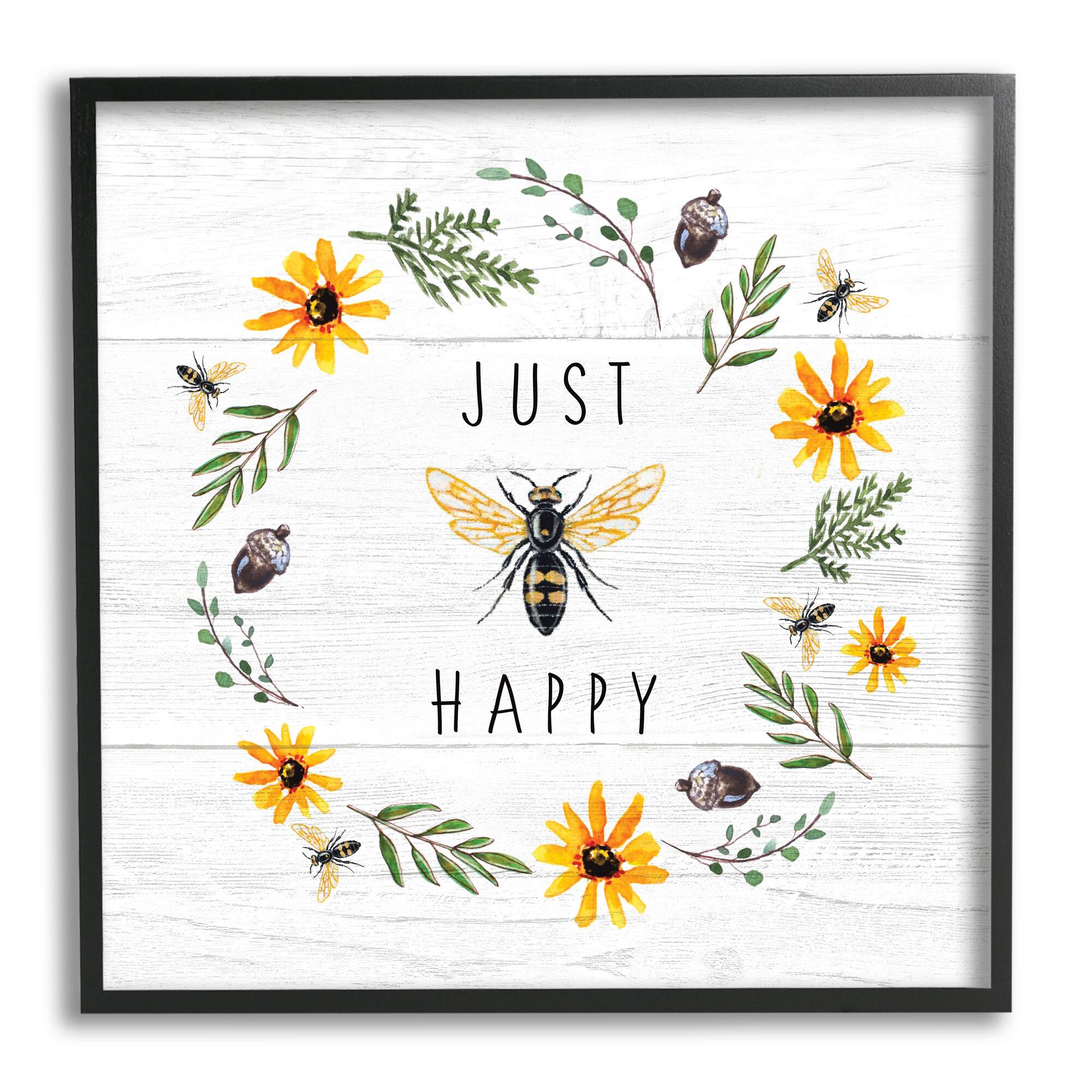 Stupell Industries Just Bee Happy Pun Phrase Yellow Daisy Wreath in Frame Wall Art