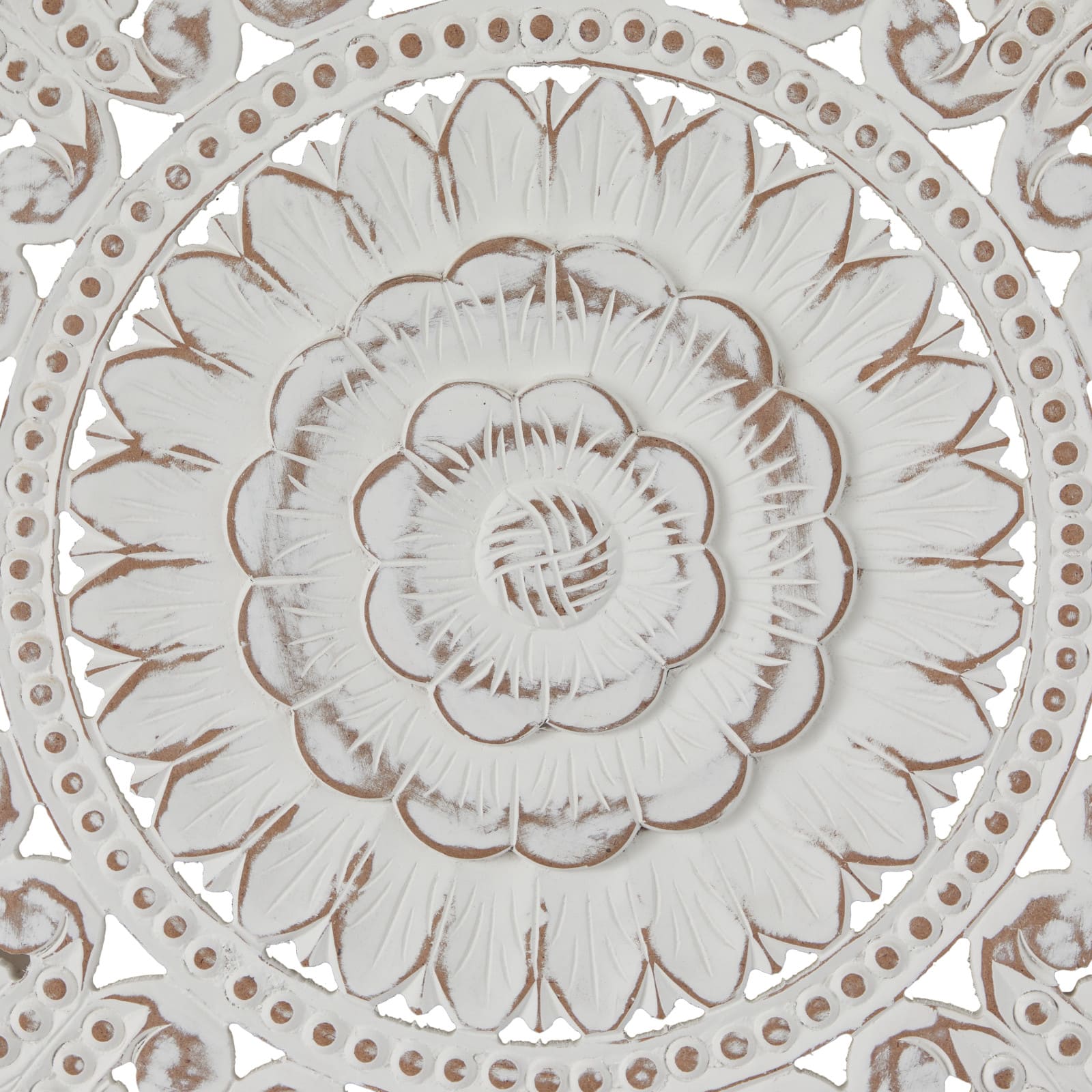 White Wood Handmade Intricately Carved Floral Wall Decor with Mandala Design Set of 3 16", 48"