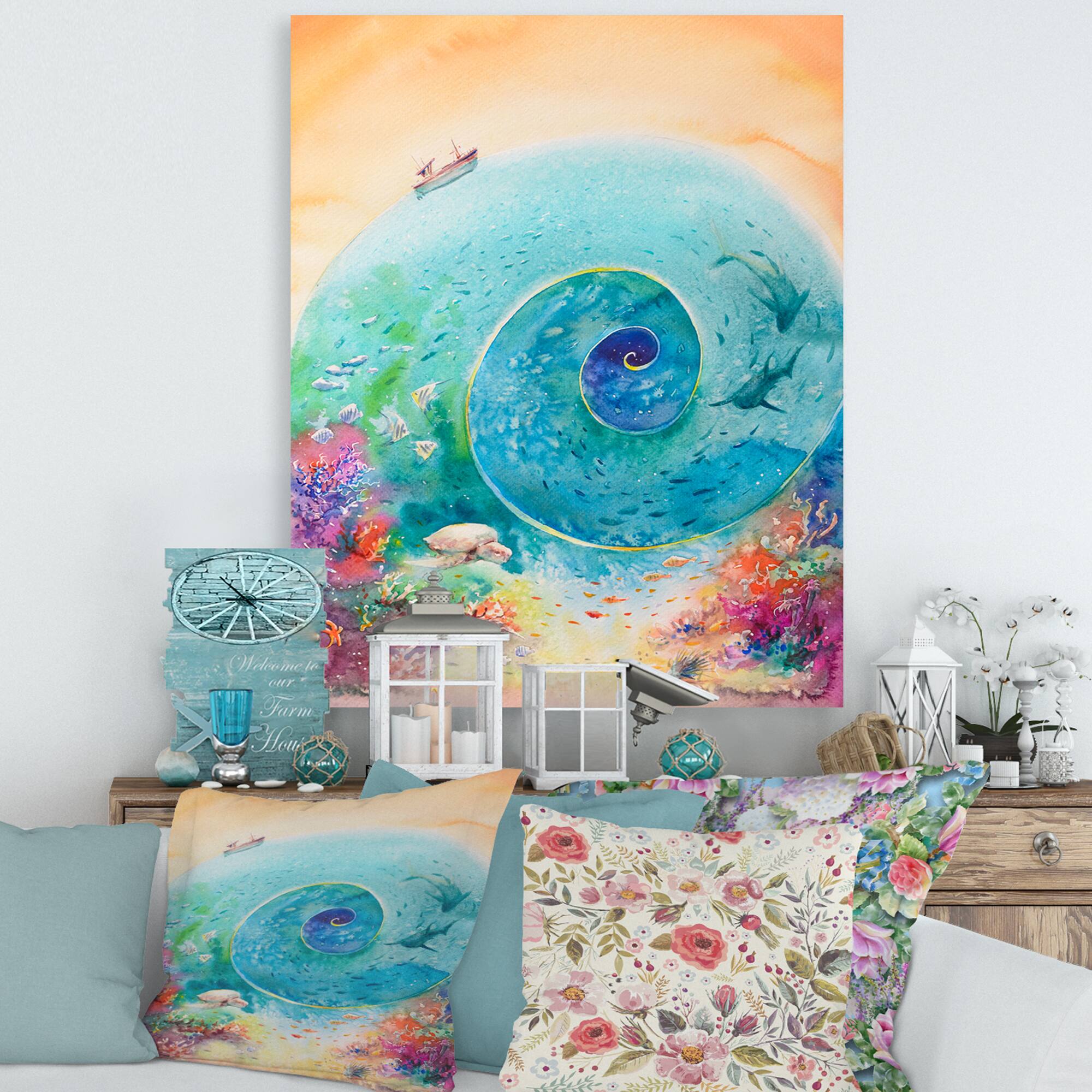 Designart - Turquoise Ocean Spiral With Coral Reef Fishes - Nautical & Coastal Canvas Wall Art Print