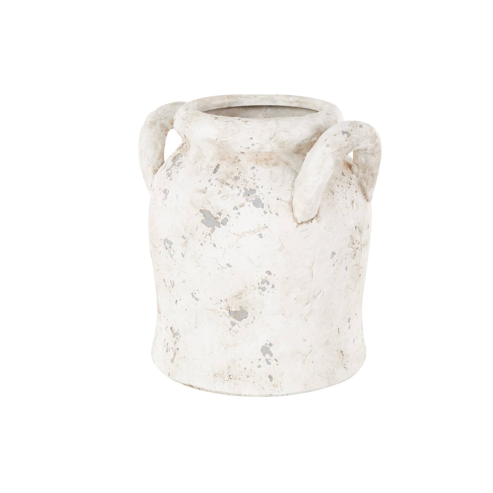 10.5" Cream Ceramic Antique Style Distressed Decorative Vase with Handles