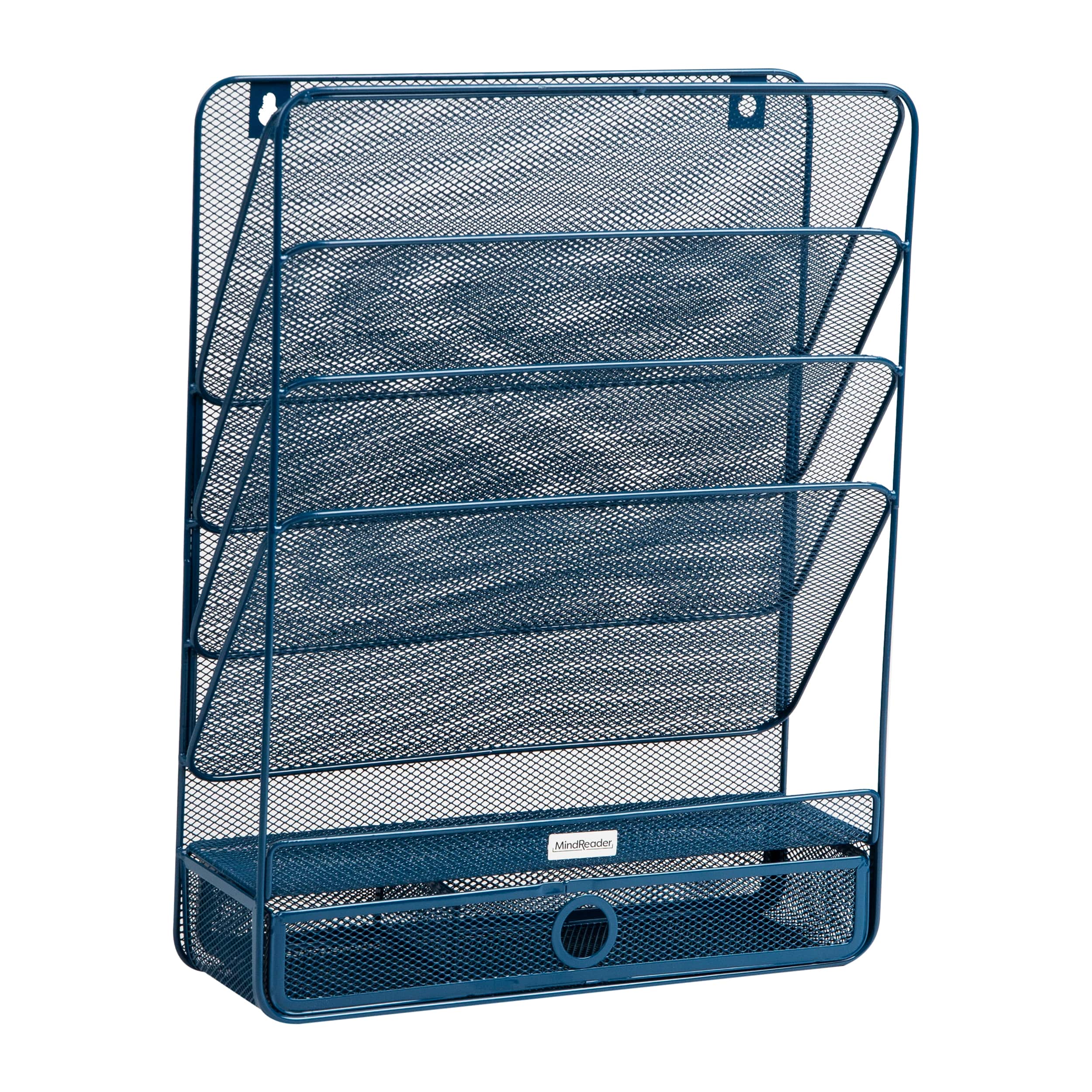 Mind Reader 4-Tier Vertical File Storage, Desktop Organizer, Wall Mount, Office, Metal Mesh, 12.5"L x 4"W x 16.5"H, Turquoise