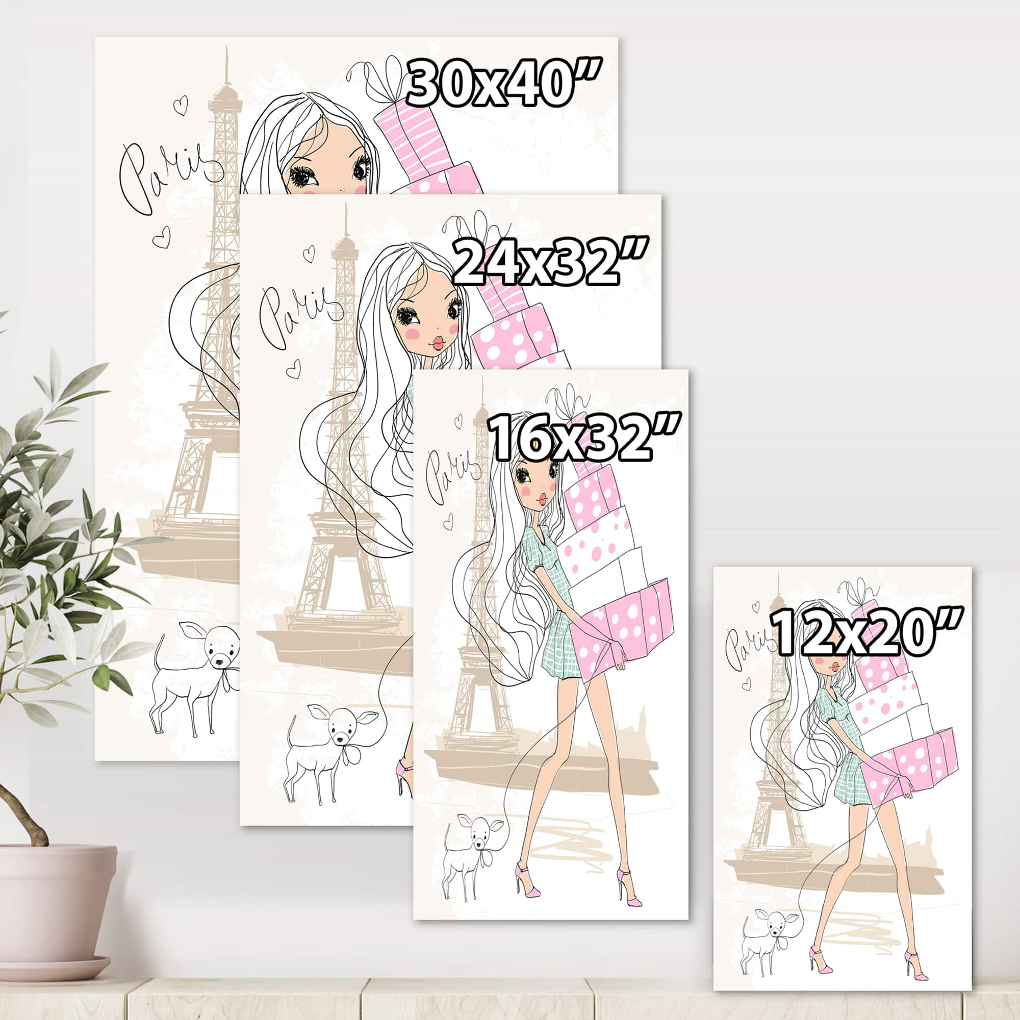 Designart - Young Girl With Shopping Boxes In Paris - Shabby Chic Canvas Wall Art Print
