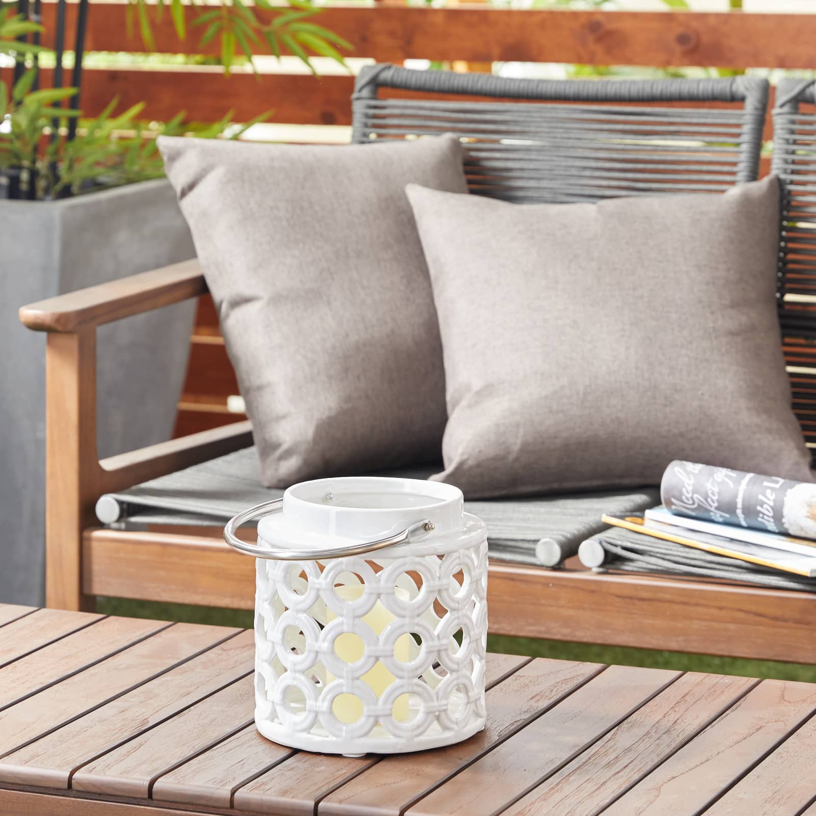 White Ceramic Contemporary Candle Holder Lantern, 8" x 8" x 9"
