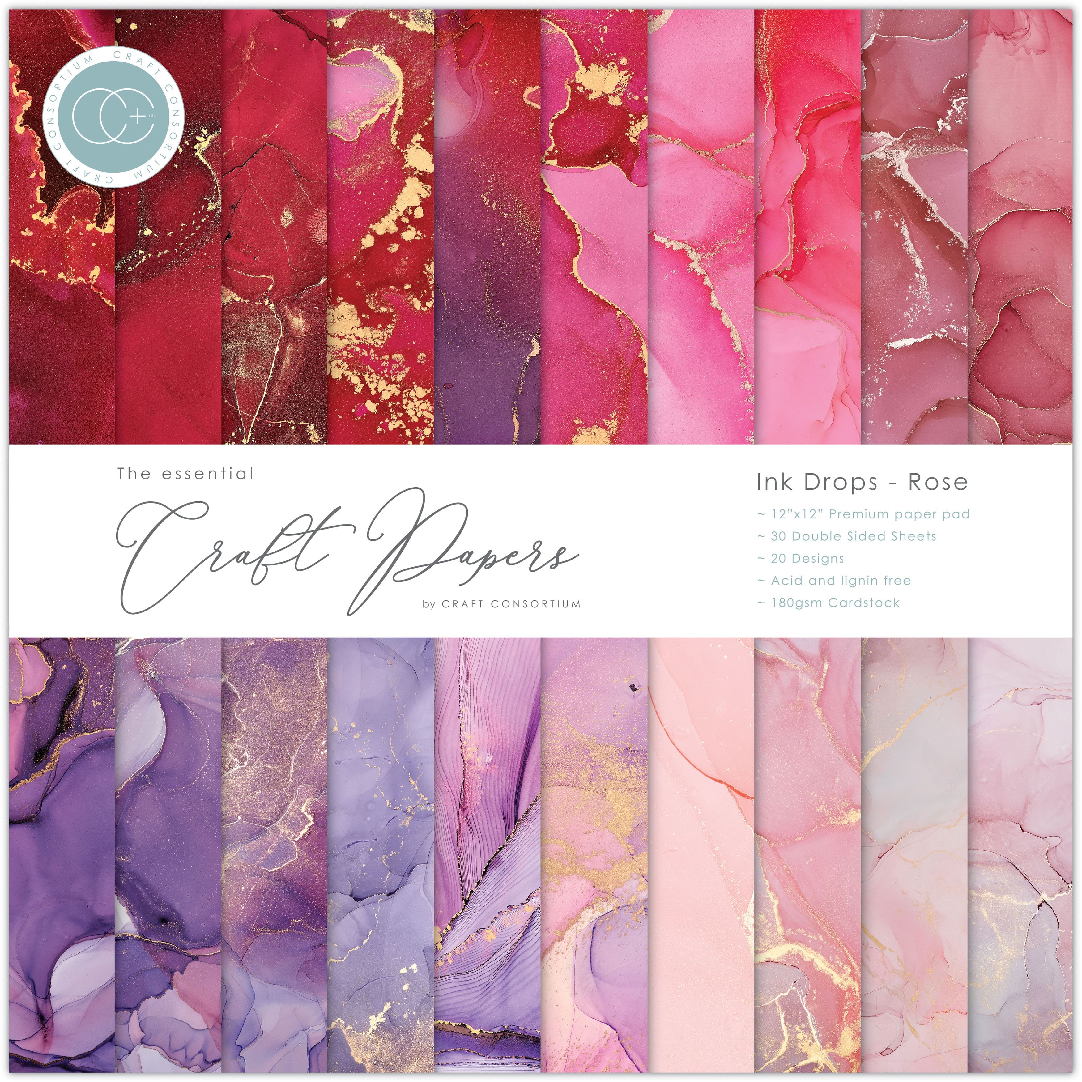 Craft Consortium Double-Sided Paper Pad 12" x 12" 30 ct. Ink Drops - Rose, 20 Designs