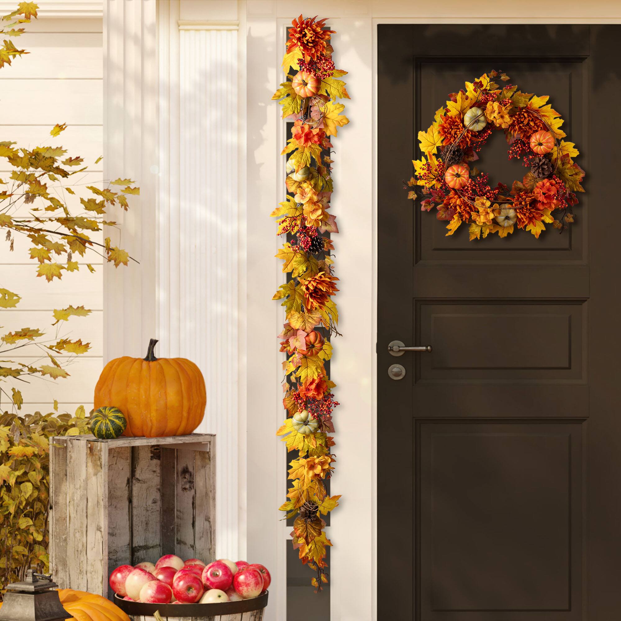 Glitzhome® 72" Fall Dahlia Pumpkin, Leaf and Berry Garland