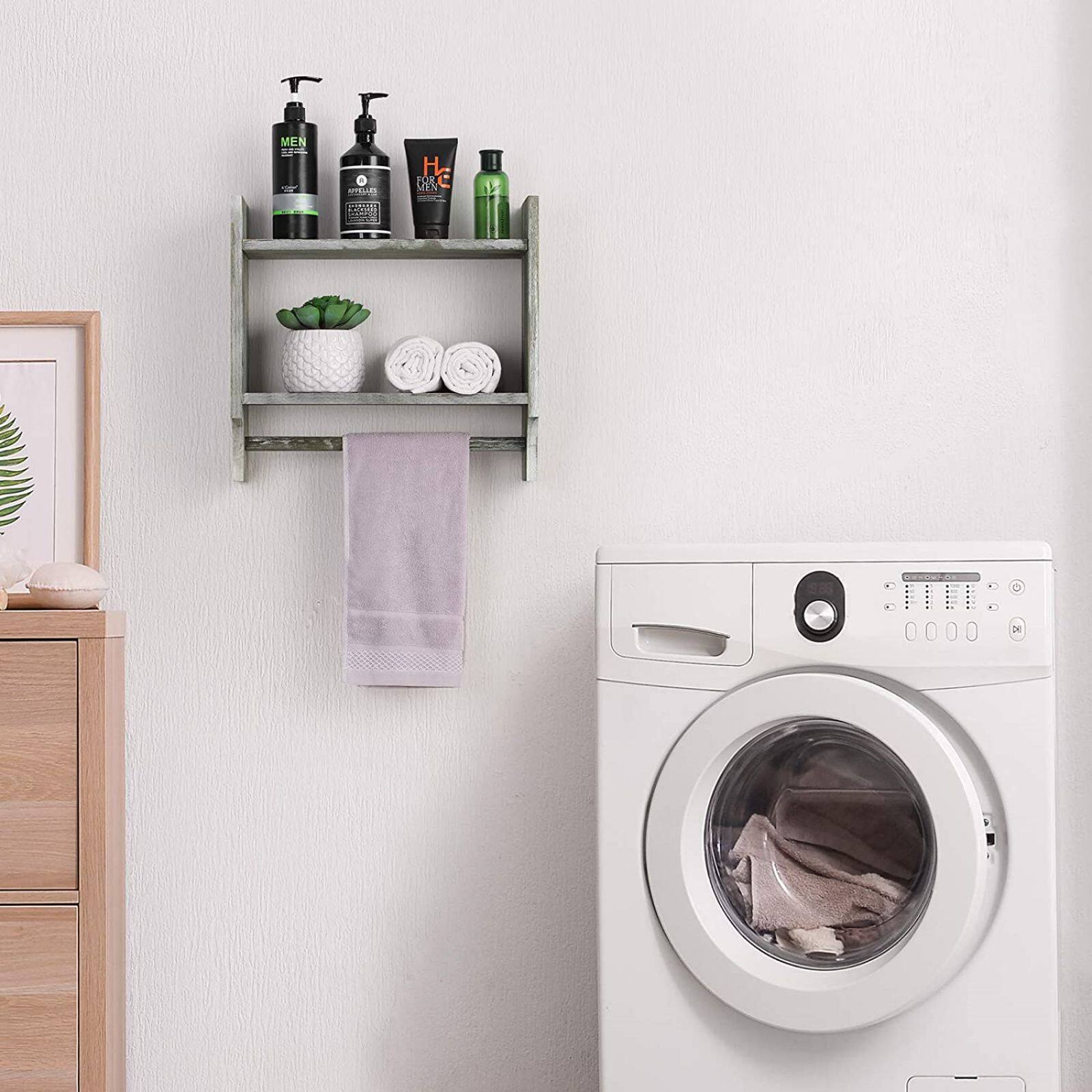 2-Tier Wood Wall Mounted Bathroom Shelf with Towel Rack