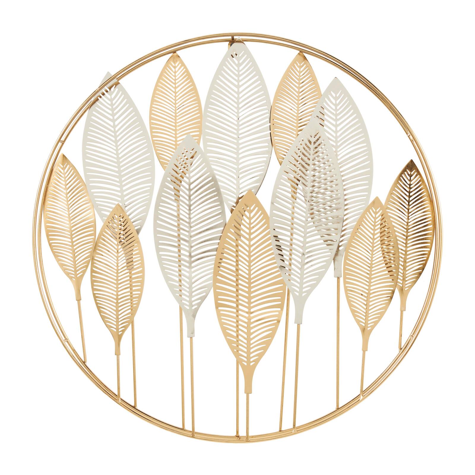 Gold Metal Leaf Wall Décor with Circular Frame and Silver Accents