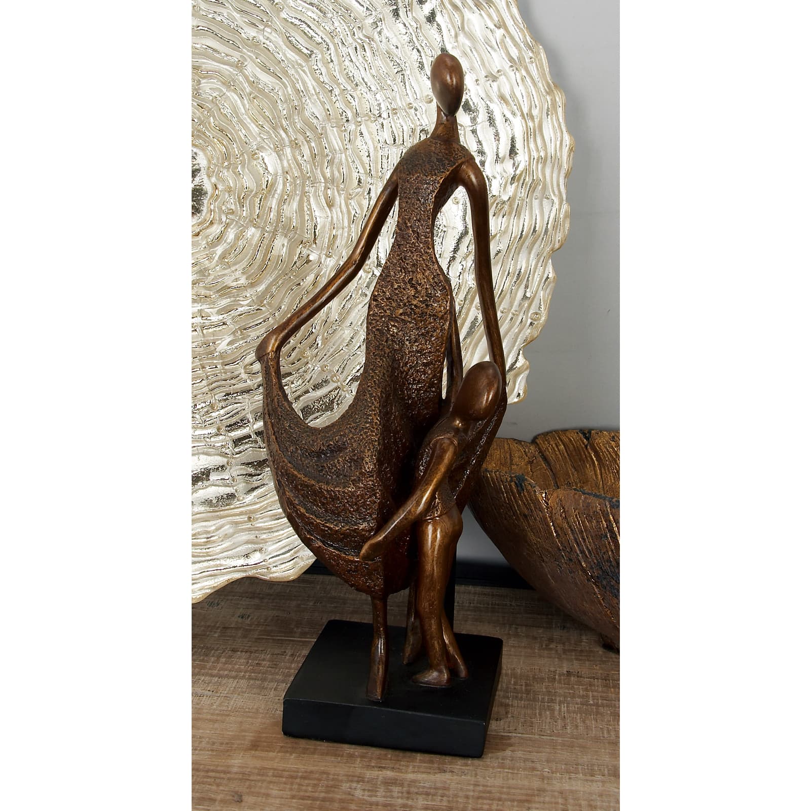 Traditional Bronze Polystone Mother and Child Sculpture, 5" x 13" x 5"