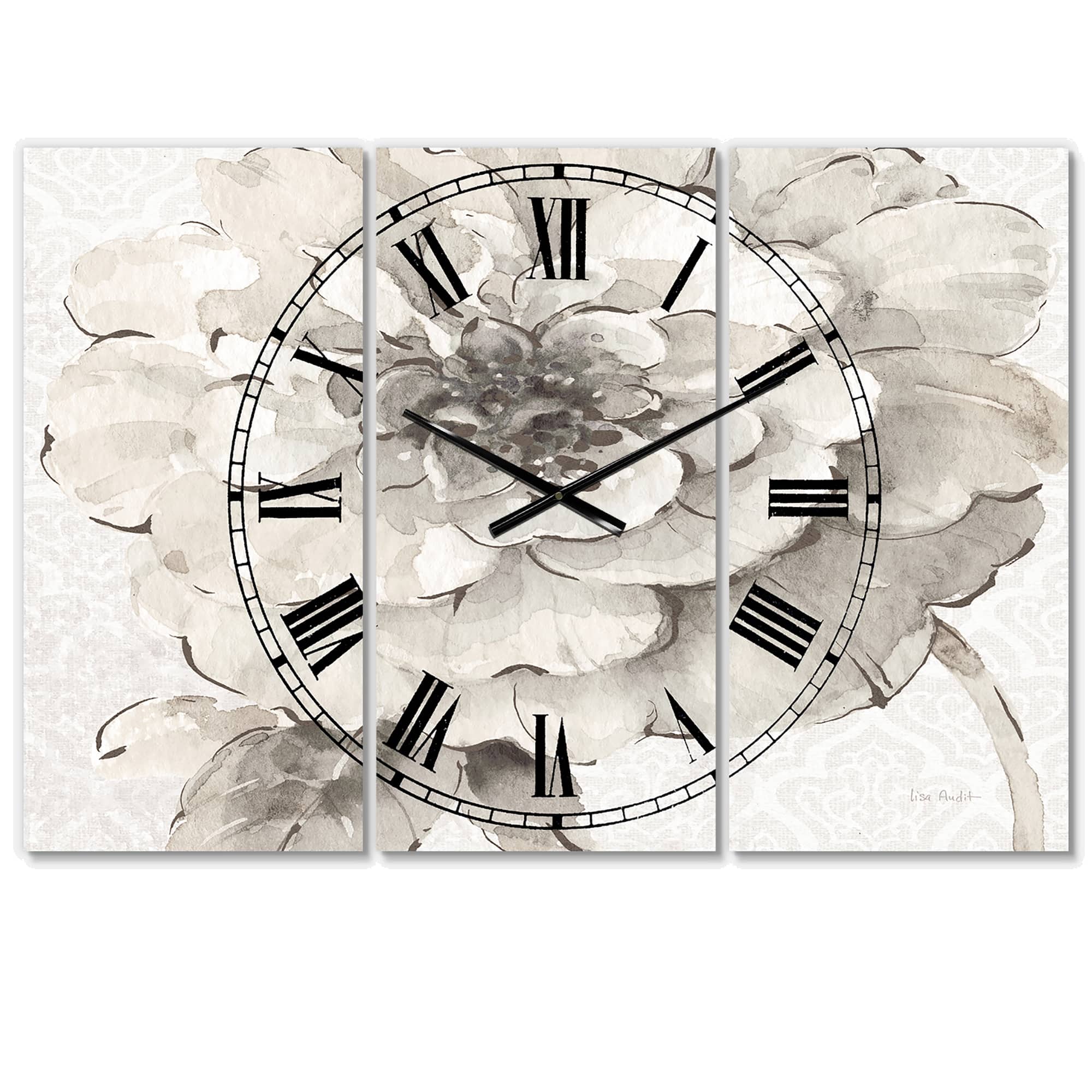 Designart Indigold Gray Peonies I Traditional 3 Panel Wall Clock