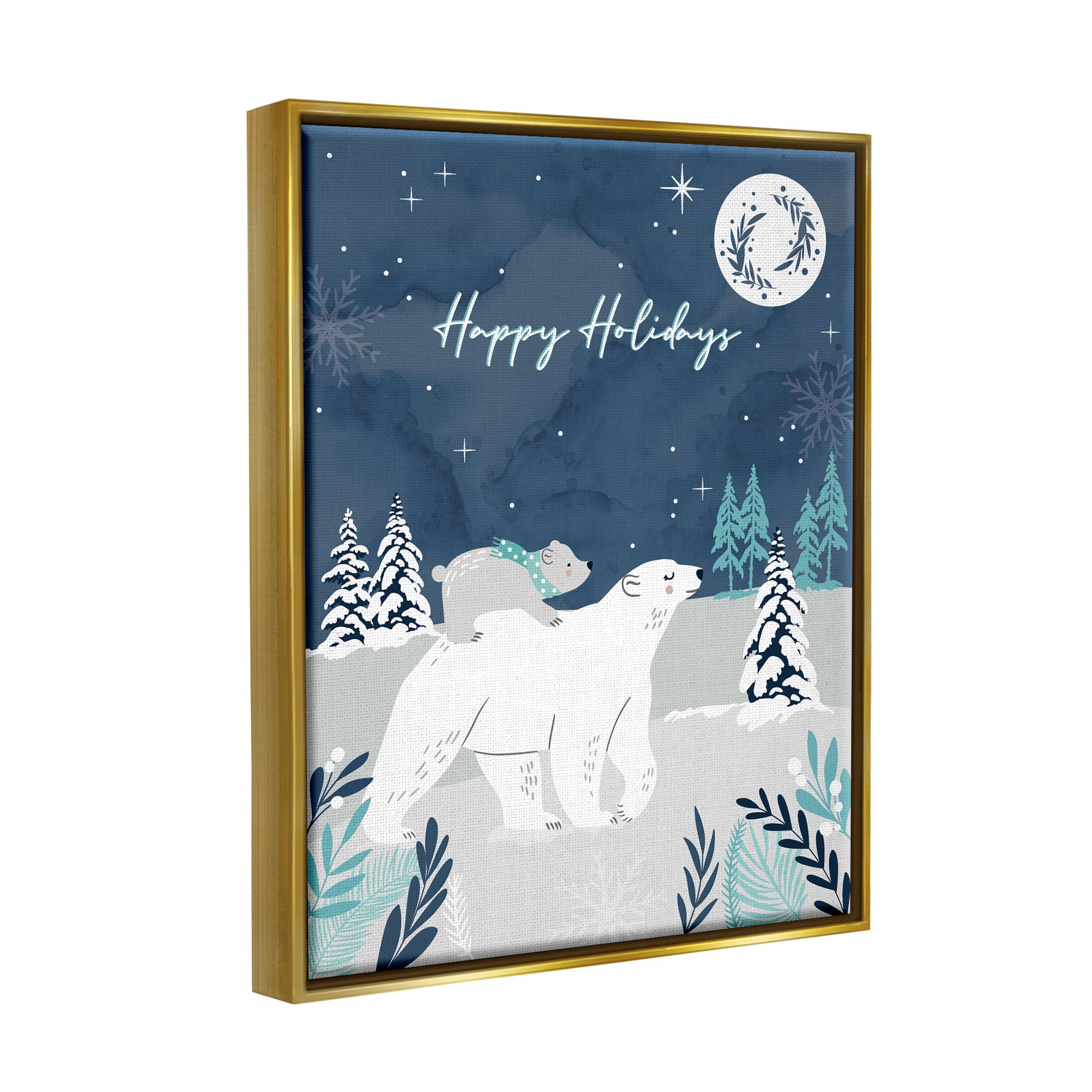 Stupell Industries Happy Holidays Winter Snow Bears Framed Floater Canvas Wall Art