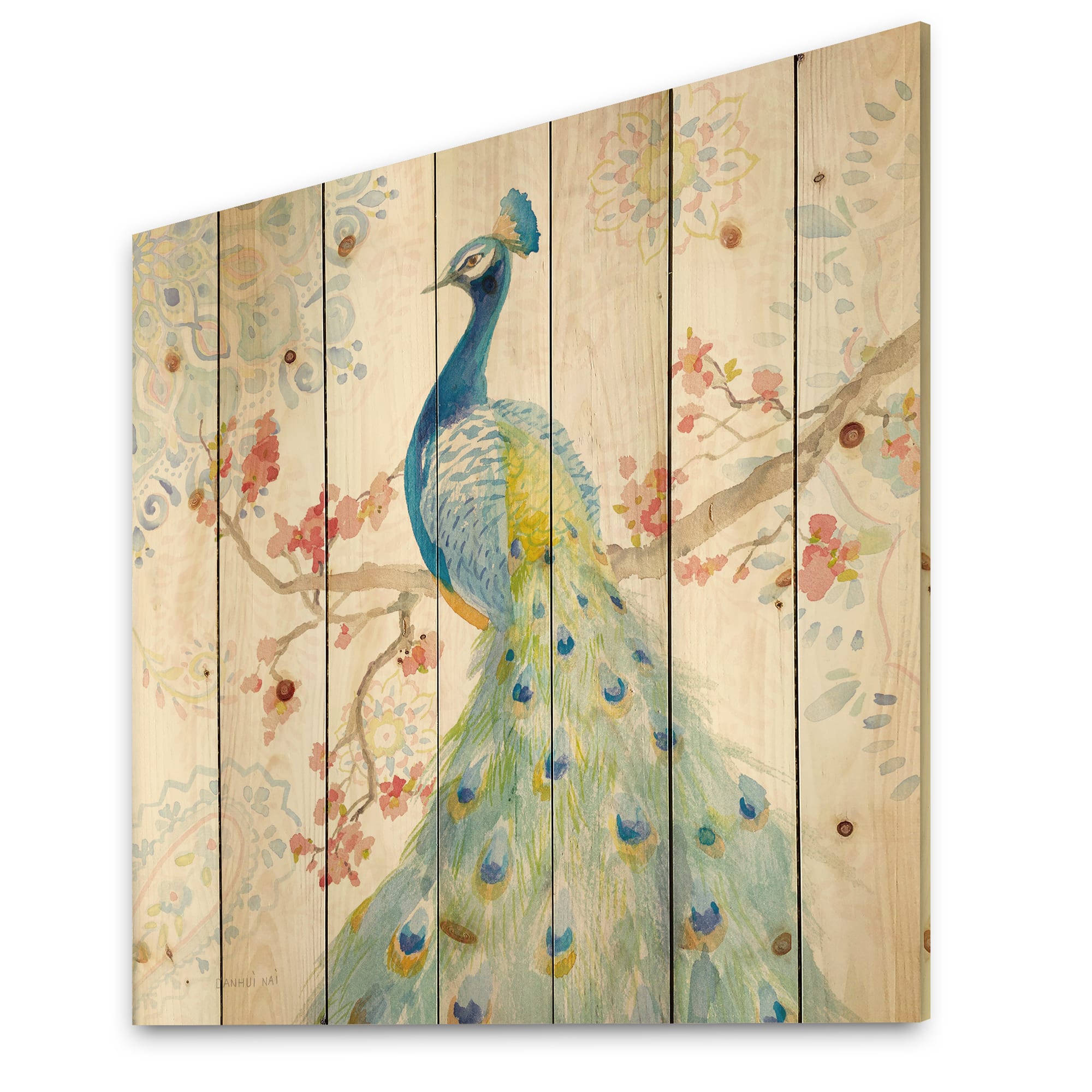 Designart - peacocks Watercolor II - Traditional Print on Natural Pine Wood