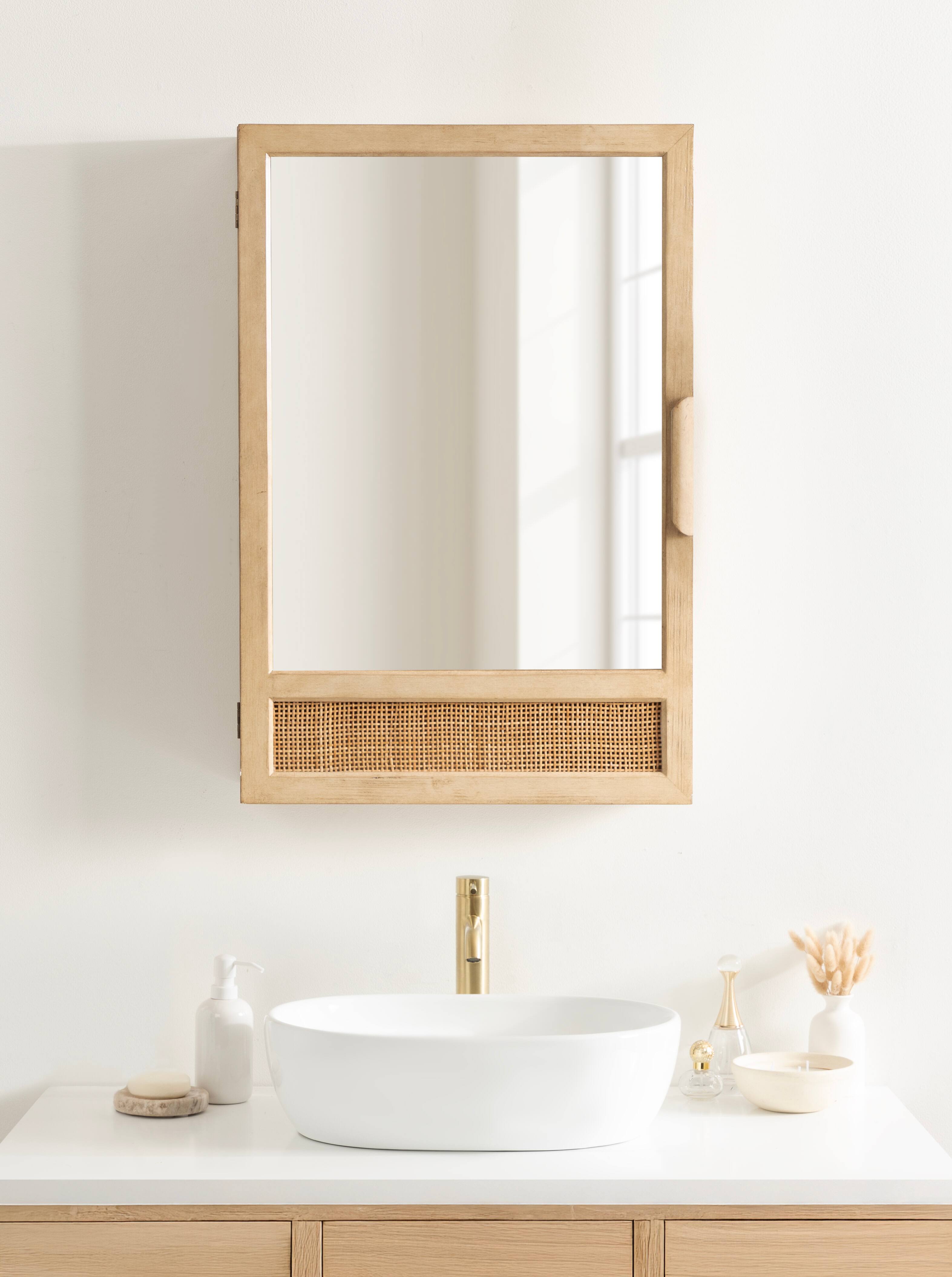 Kate and Laurel Ori Rattan & Wood Mirror Vanity Cabinet