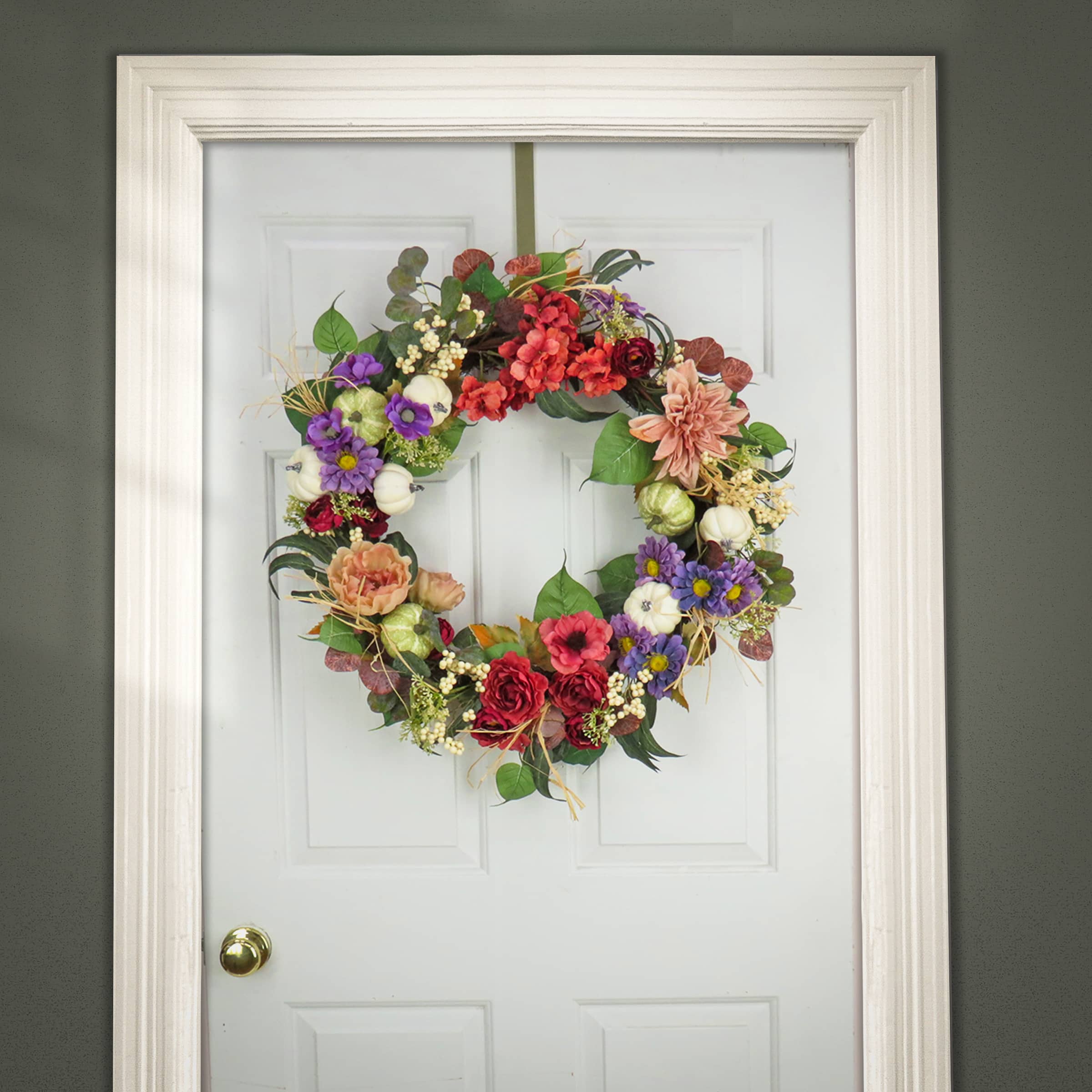 30" Harvest Serenity Mixed Flower & Pumpkin Wreath