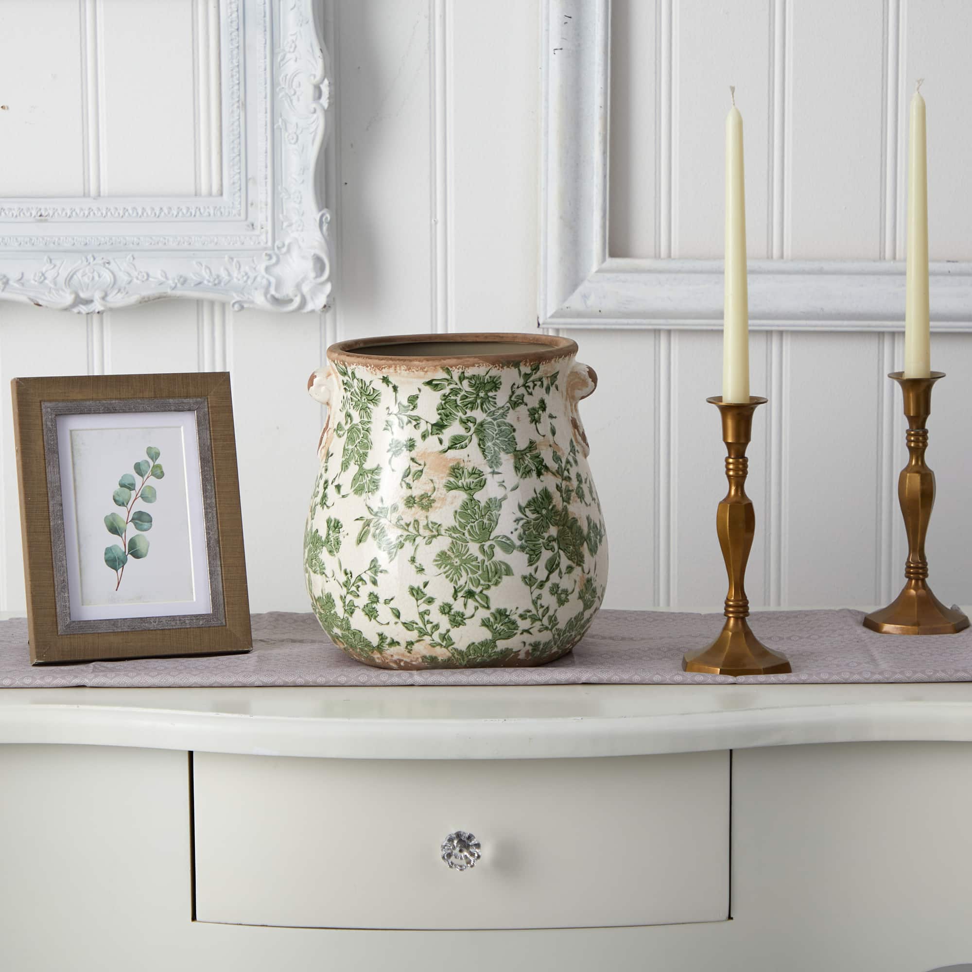 10" Tuscan Ceramic Green Scroll Planter