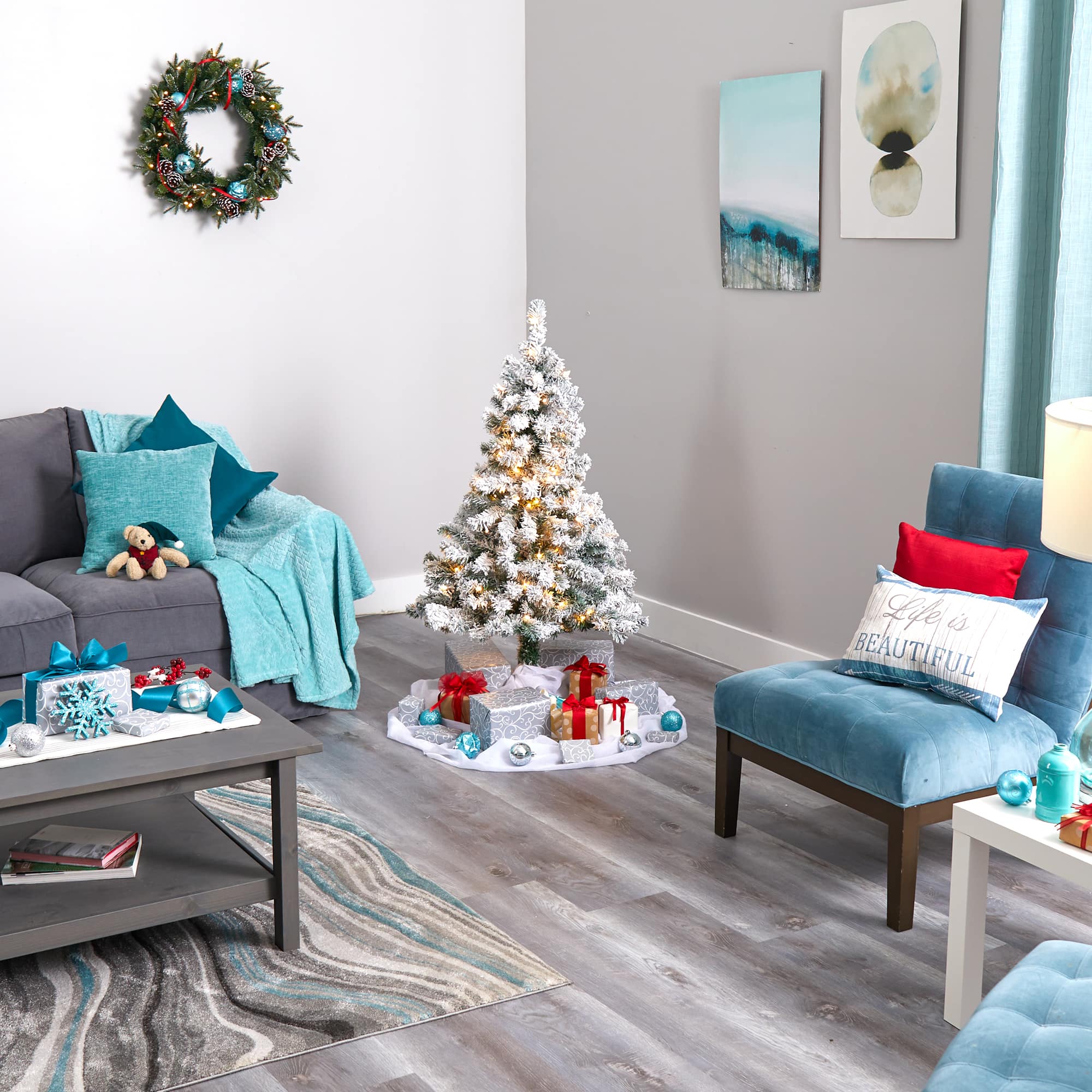 4ft. Pre-Lit Flocked Rock Springs Spruce Artificial Christmas Tree with Clear LED Lights