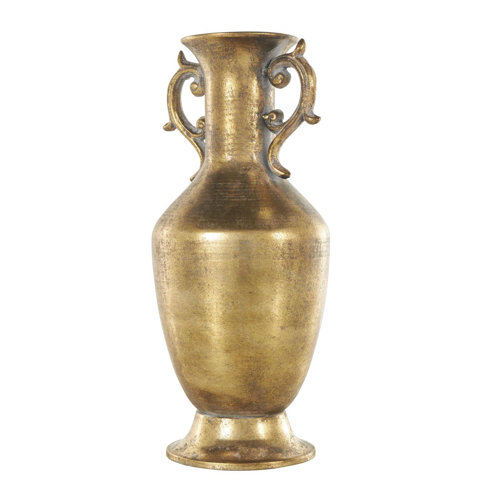 Gold Metal Weathered Vintage Amphora Decorative Vase with Scroll Handles