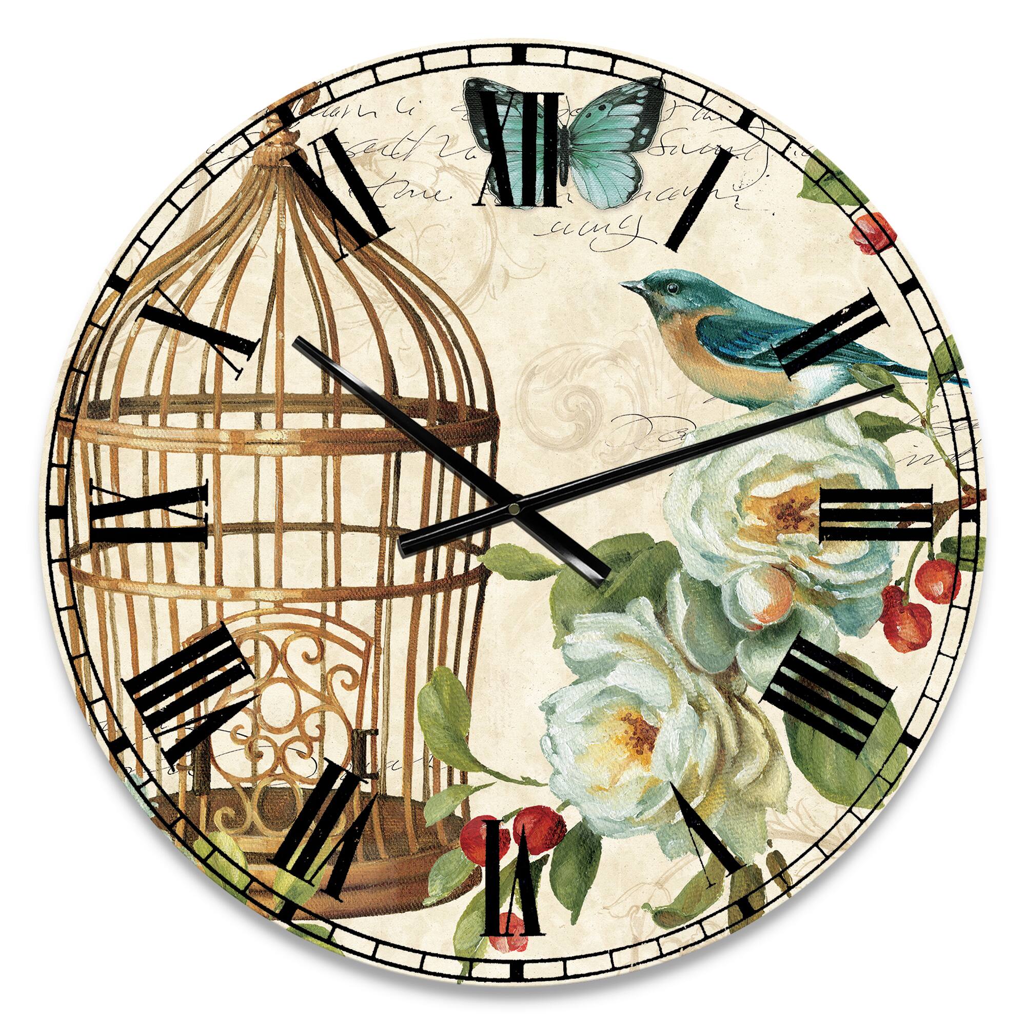 Designart Blue Cottage Bird, Birdcage & Apple Blossoms I Wall Clock