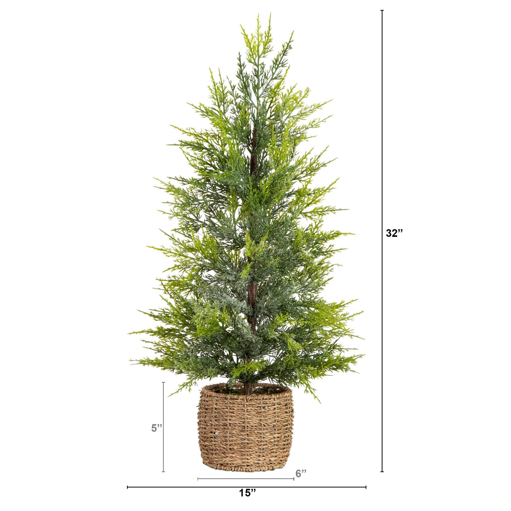 32in. Pre-Lit Artificial Lightly Snowed Cypress Christmas Tree with 30 Warm White LED Lights in Decorative Weaved Basket