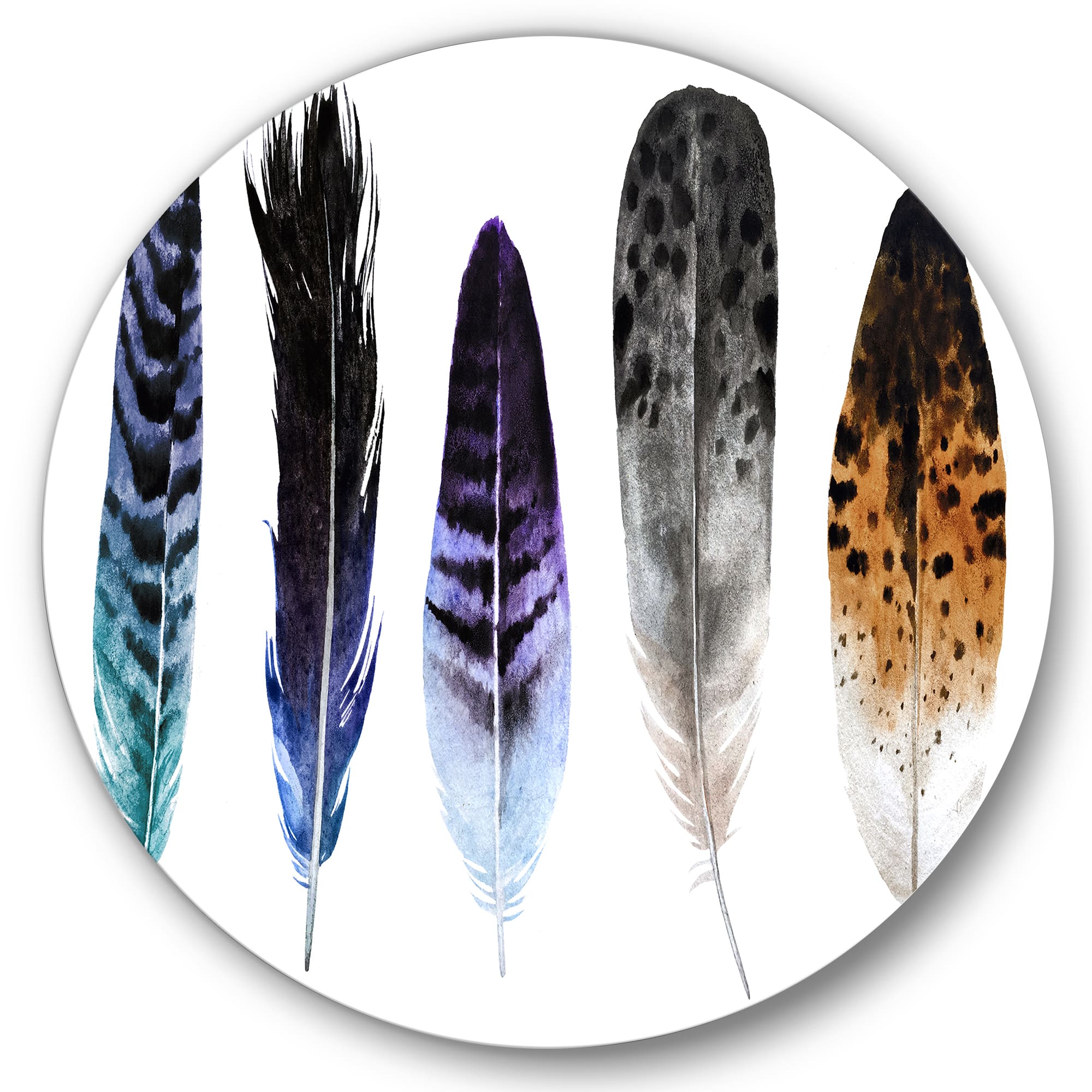 Designart - Colourful Boho Feathers II - Bohemian & Eclectic Metal Circle Wall Art