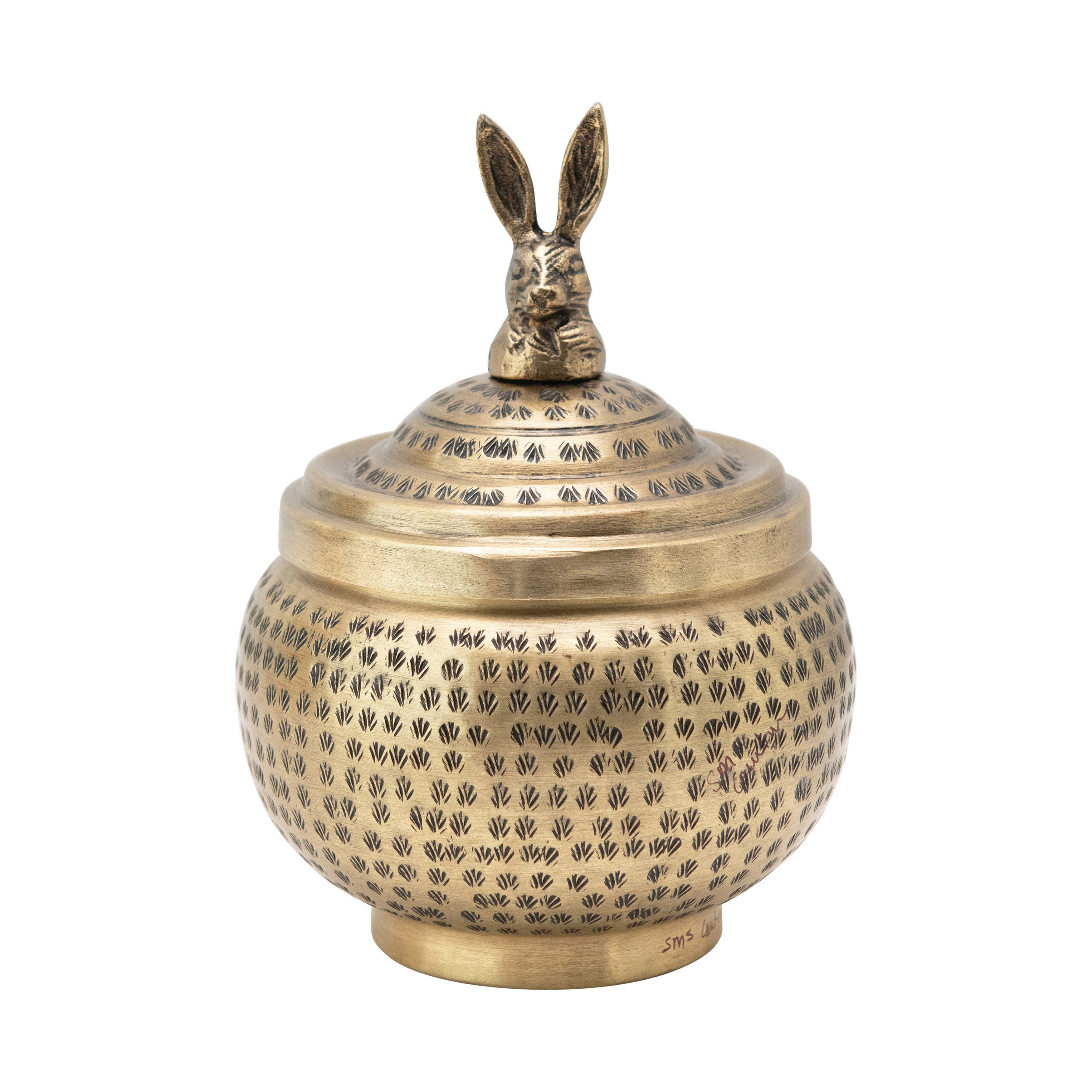 Hello Honey® 8'' Brass Finished Hammered Metal Container with Rabbit Finial