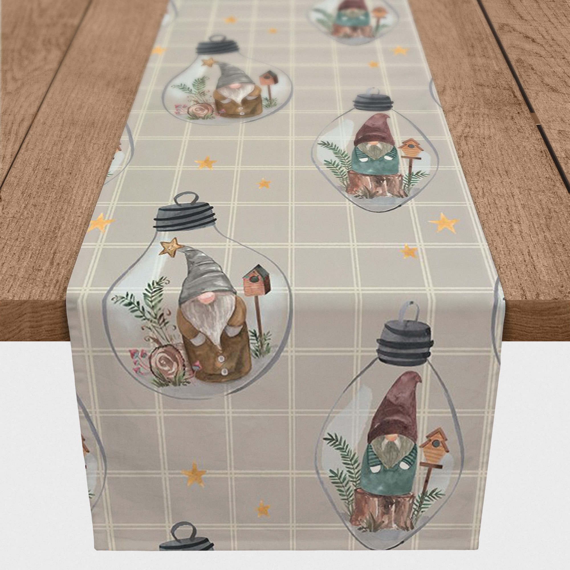 90" Gray & White Check Gnome Globe Pattern Cotton Twill Runner