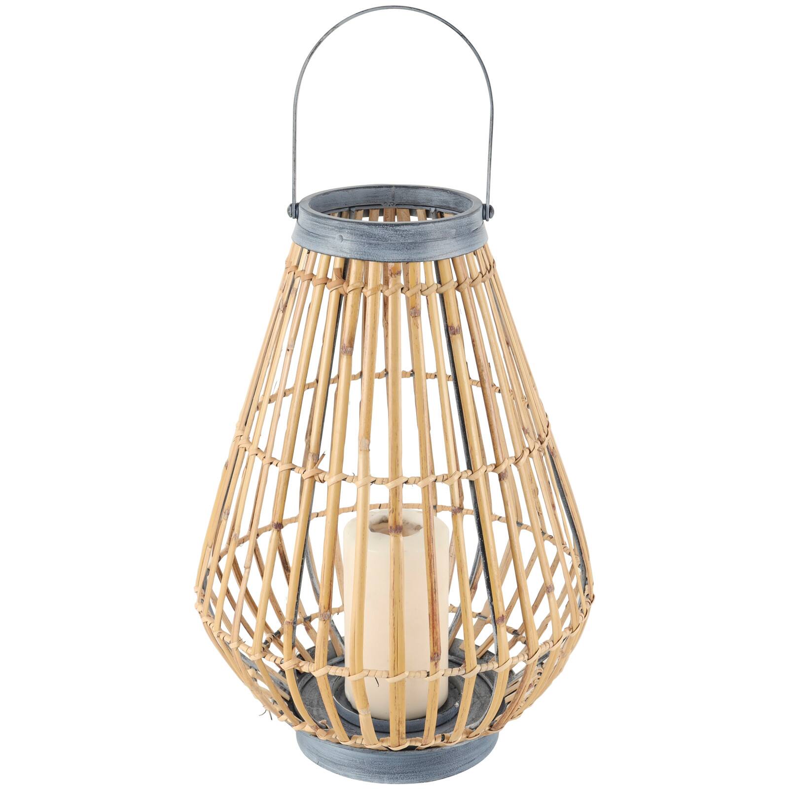16" Brown Bamboo Handmade Open Framed Candle Lantern with Blue Metal Accents & Handle