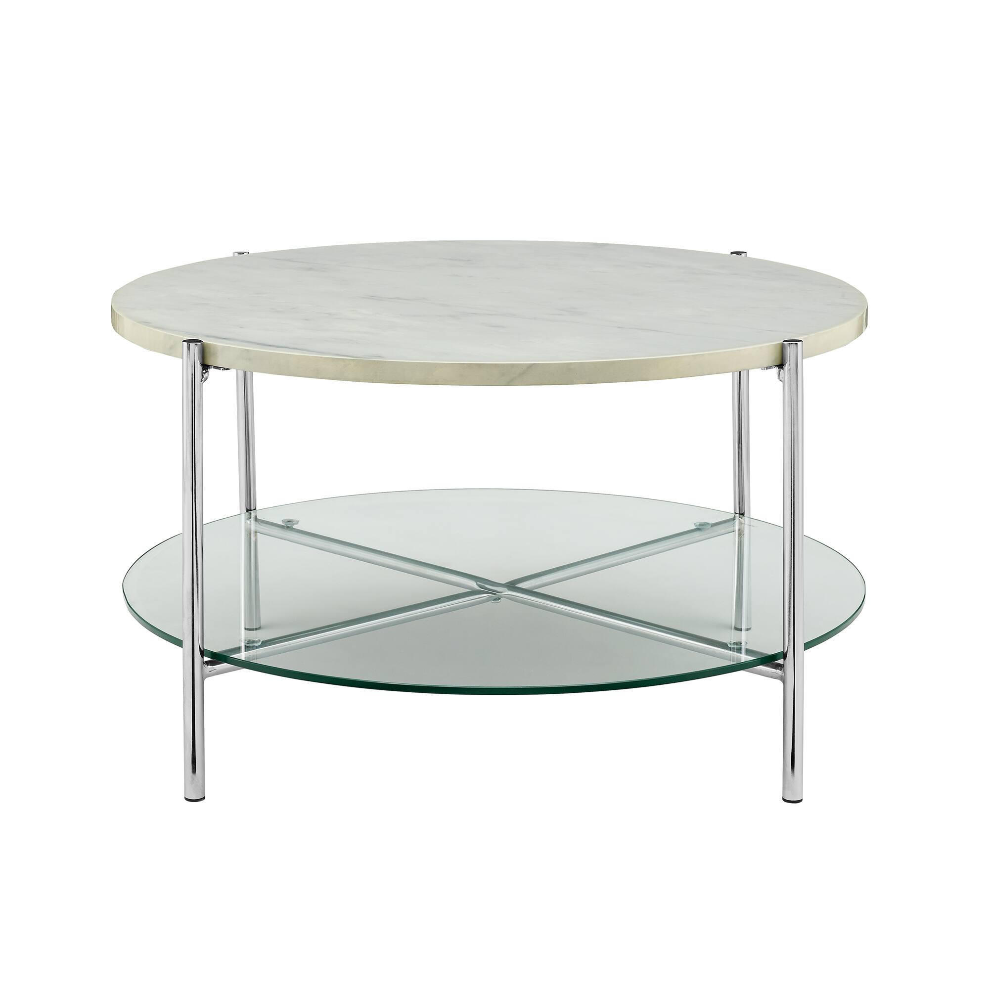 Faux White Marble, Glass & Chrome Modern Round Coffee Table