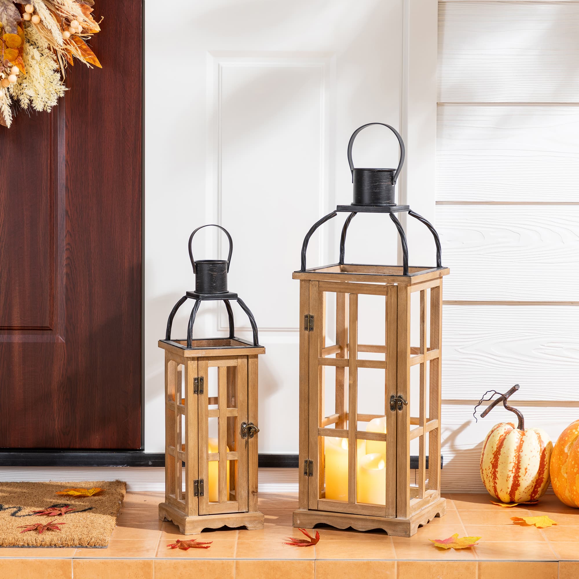 Glitzhome® Farmhouse Natural Wood & Black Metal Lantern Set