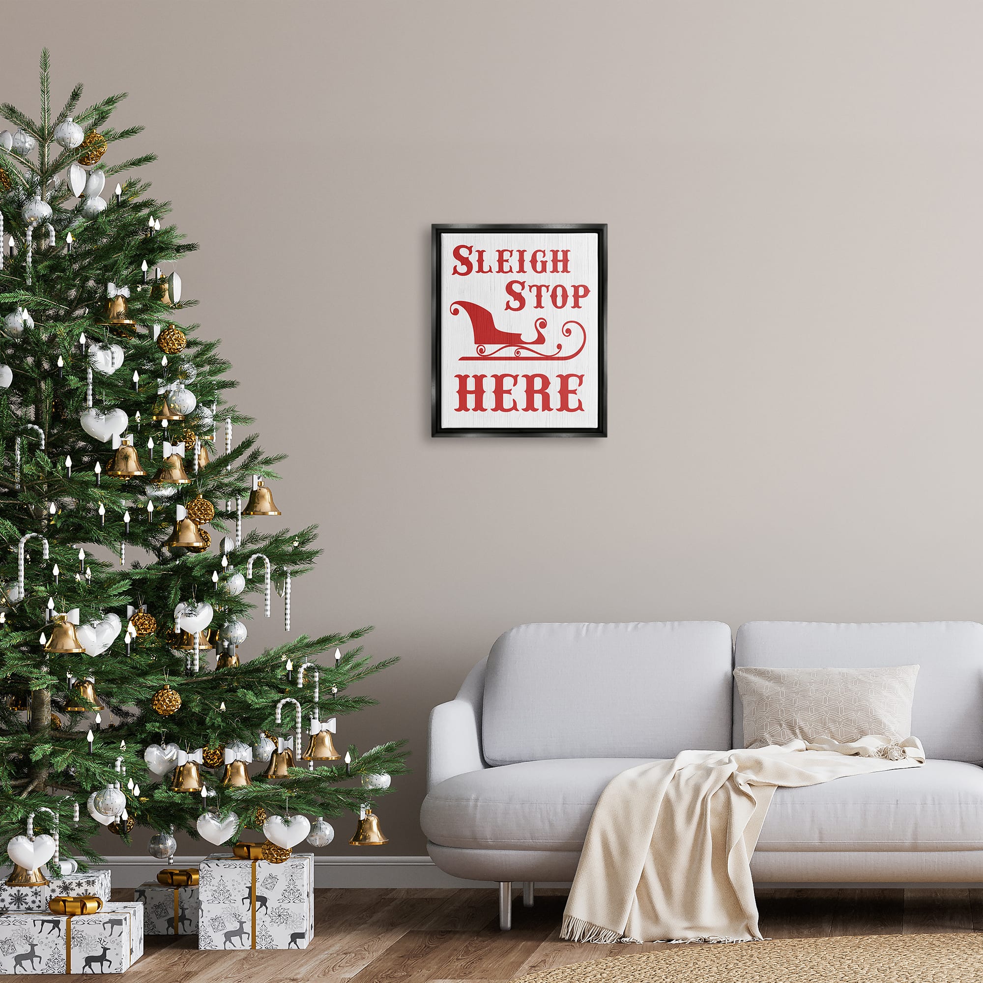 Stupell Industries Sleigh Stop Here Christmas Landing Sign Framed Floater Canvas Wall Art