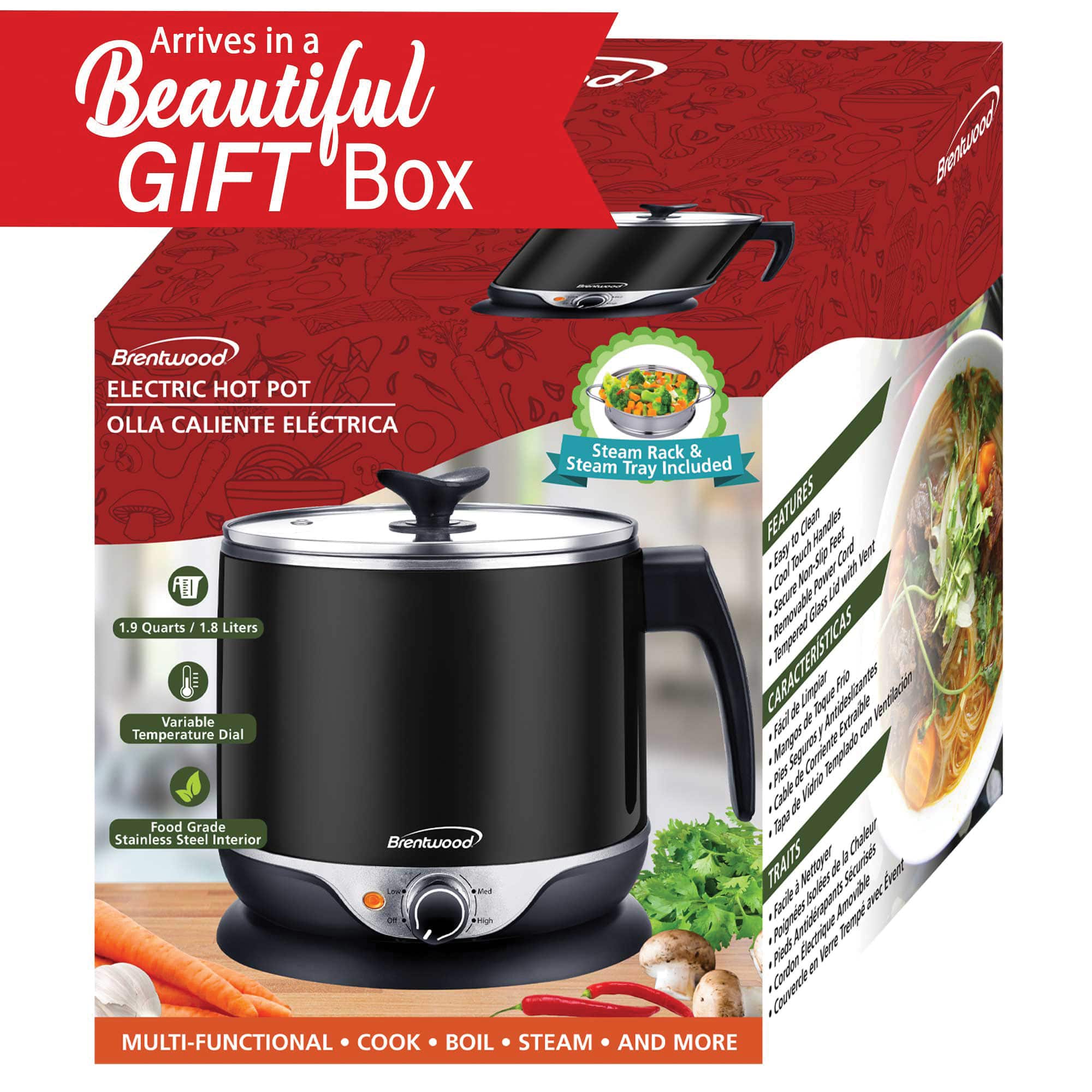 Brentwood 1.9qt. 600-Watt Stainless Steel Cordless Electric Hot Pot Cooker & Food Steamer With Swivel Base