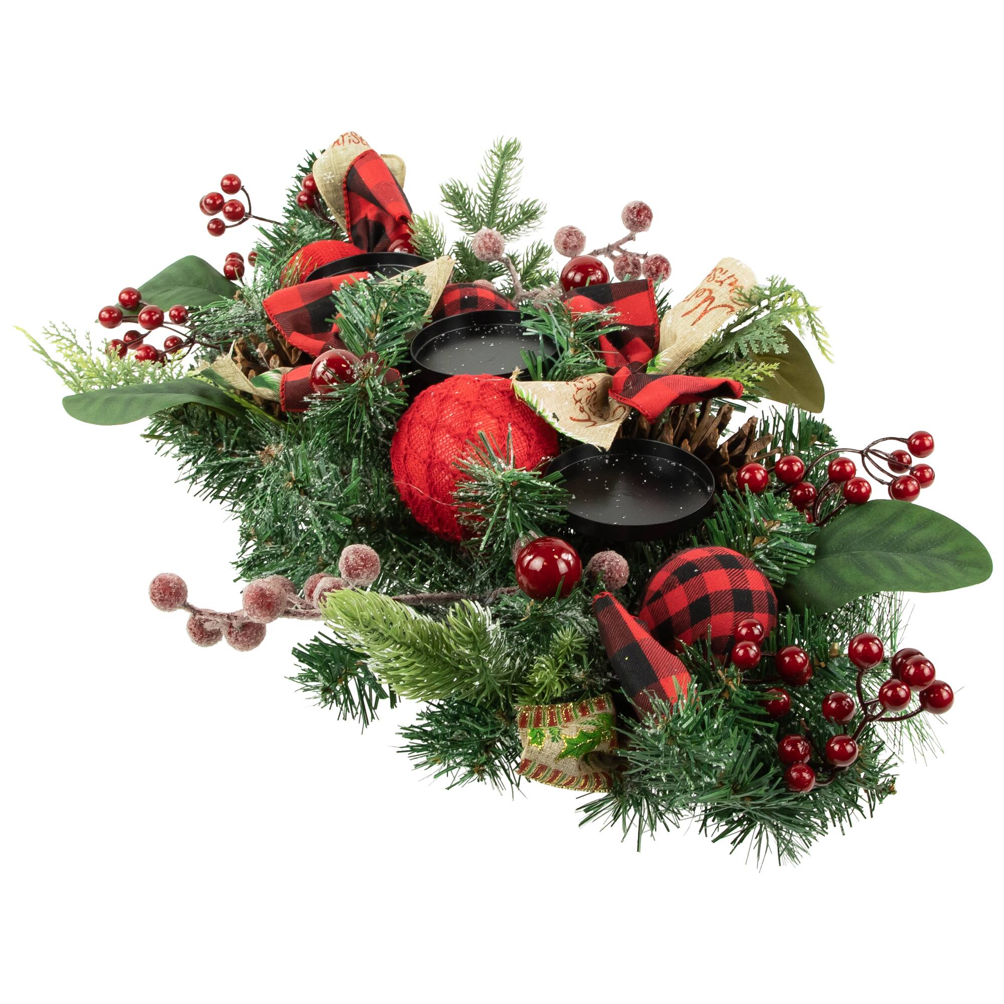 30" Green Pine Triple Candle Holder With Bows & Plaid Christmas Ornaments