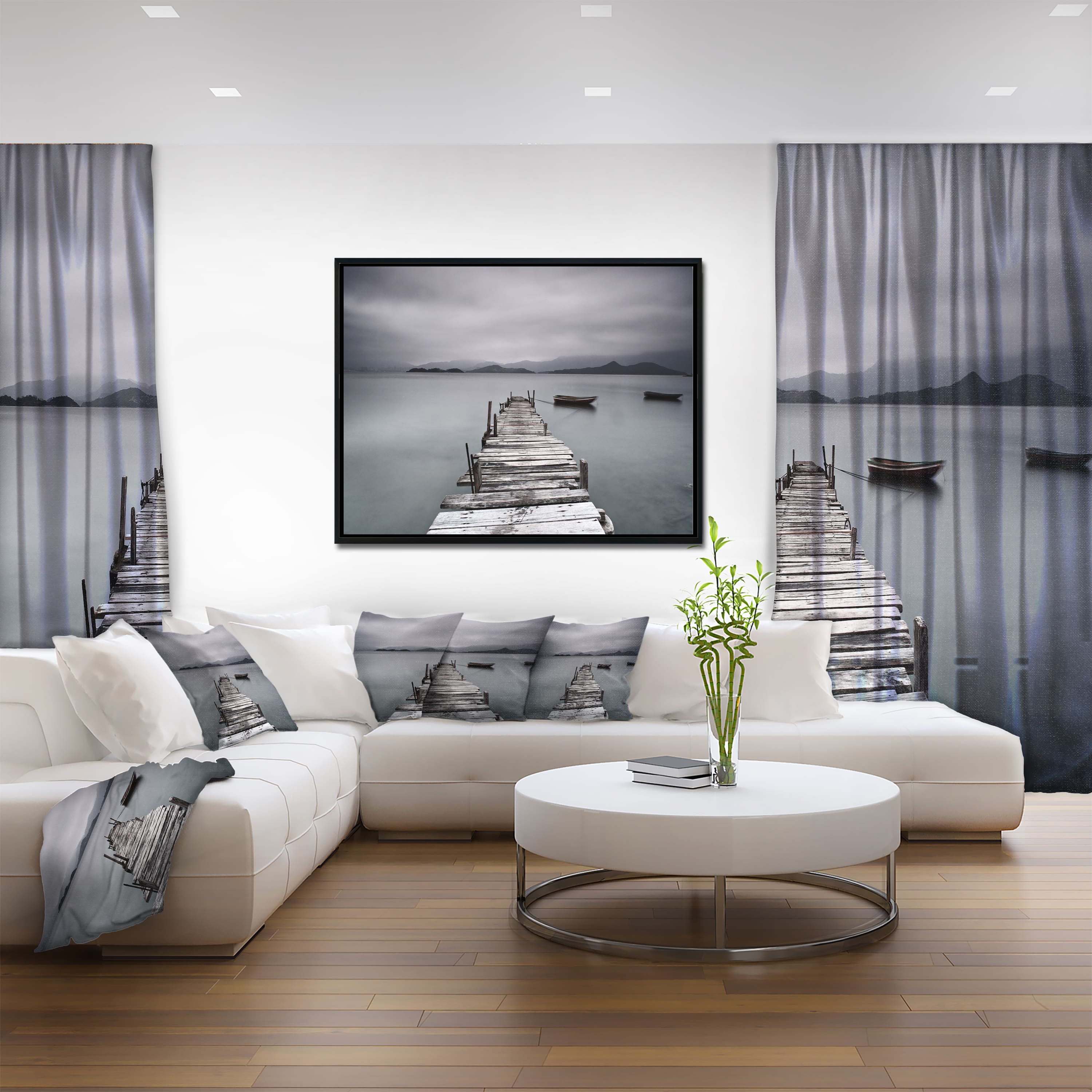 Designart - Pier and Boats at Seashore - Bridge Framed Canvas Art Print